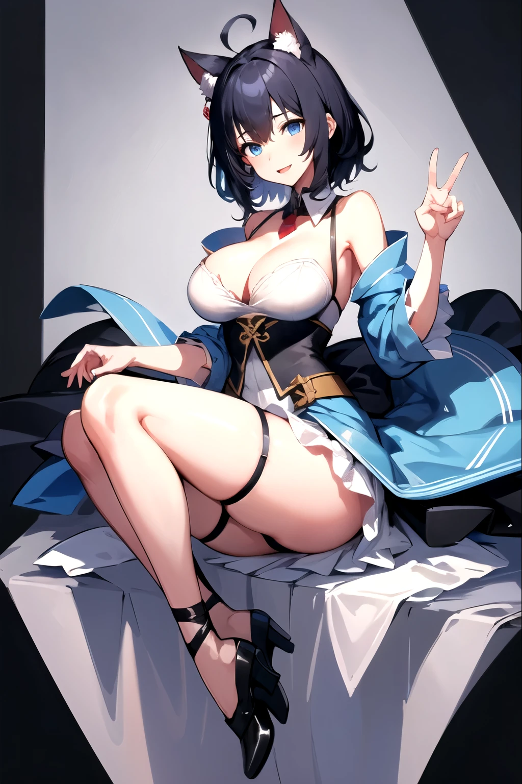 ((upright)), ((arm at side)), looking at the viewer, simple background、white background, 1 girl, open your mouth, smile, Virtual YouTuber、with a girl、((highest quality, expensive_solve, clear_image)),(black hair), (black cat ears), (Ahoge), (ridiculously short hair), (wavy hair), (blue eyes),、laughter、very big breasts、from the knees up、cleavage visible、dressed in military uniform、Reference sheet、((show viewer))。skirt with slit、