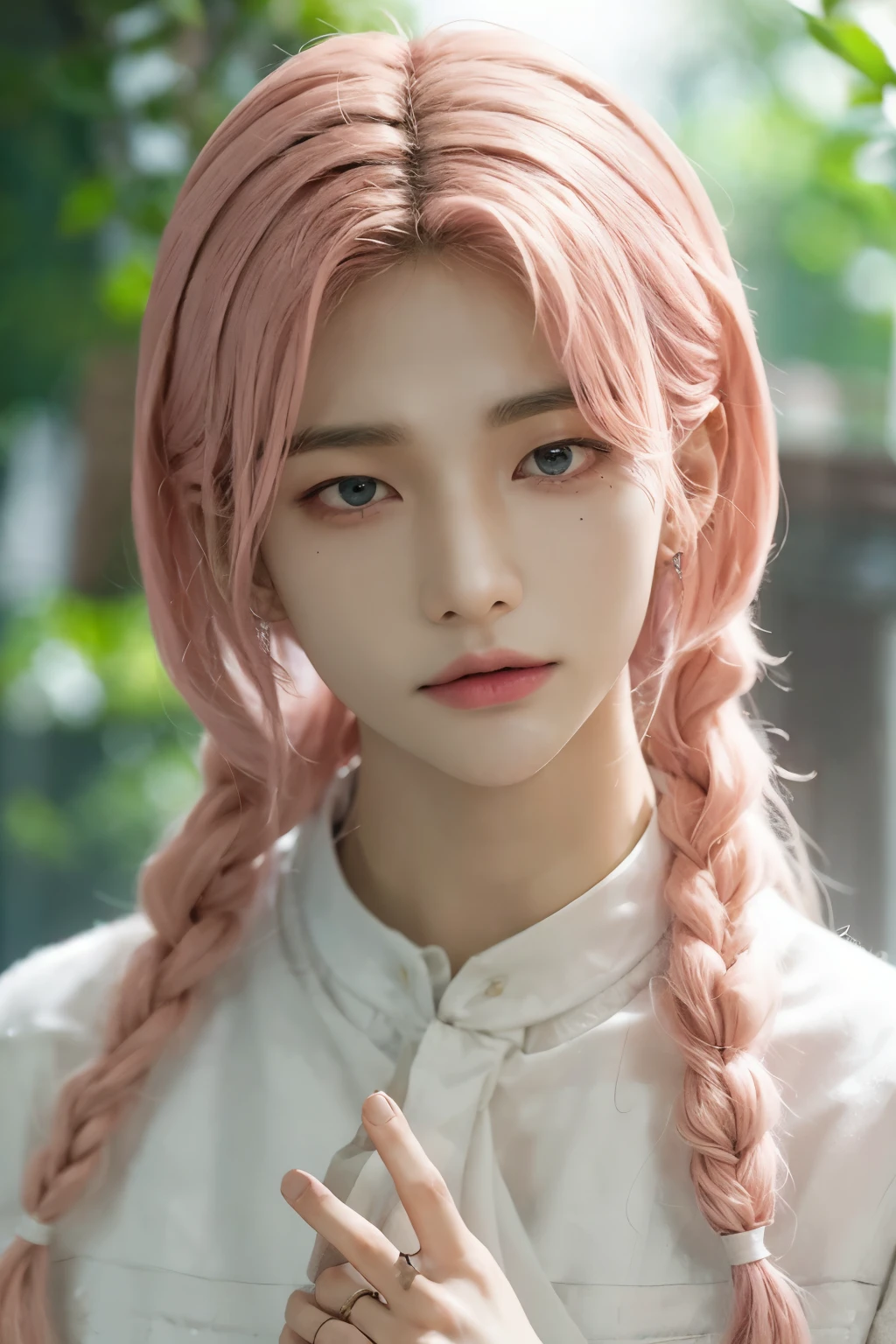 HOMBRE JOVEN/ 20 year old man with pastel pink hair, cabello rosa pastel, cabello ondulado, piel de porcelana, piel lechosa y blanca, pale skin and slightly flushed, cara de hwang hyunjin, hombre delgado, alas de hada, hombre con alas de hada y fondo de bosque magico, hombre con alas de hada de cabello rosa y piel de porcelana, labios pomposos y rostro de hwang hyunjin con alas de hada y fondo de bosque magico, hombre con alas de hada.