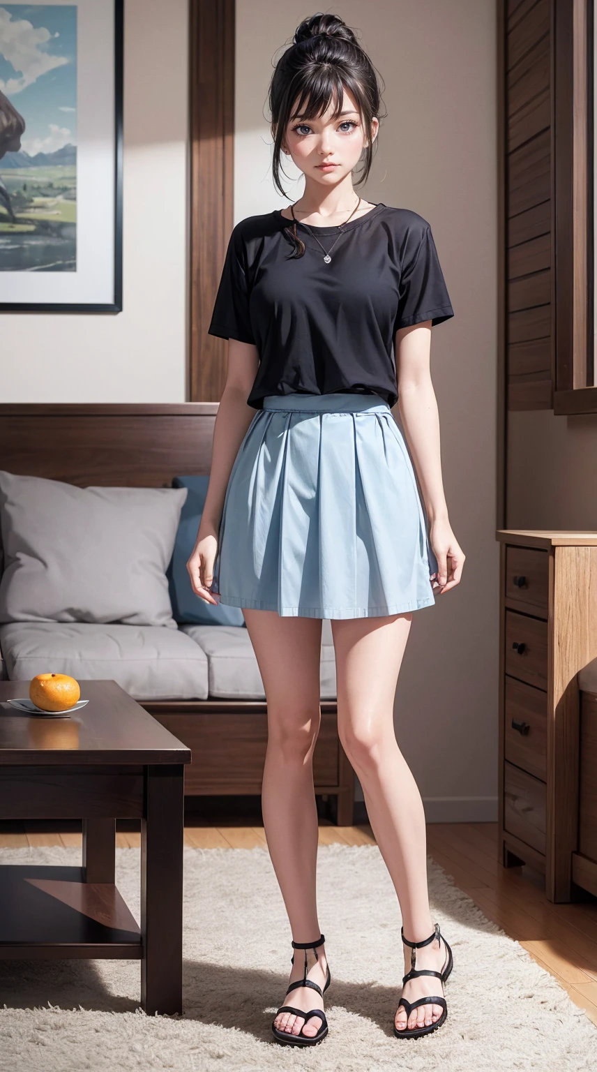 (最high quality, 8K, masterpiece: 1.3, Ultra HD, high quality, 最high quality, High resolution, realism)) 、(high color saturation:1.0), (highly detailed skin), (最high quality:1.0), (超High resolution:1.0) ,(realistic:1.0), (Super detailed:1.0), (8K, Raw photo:1.1), slender、Slender, muscular body that's toned like an athlete's、23 year old white female、Hair color is brunette、Eye color is indigo、loosely braided、jumper skirt((jumper skirt))wear、wear sandals、In a stylish living room