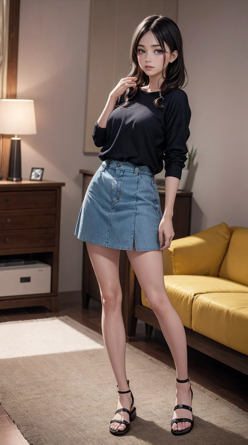 (white panties:1.2),(17 year old girl:1.3),(sexy panties:1.3),(realistic silk panties:1.3),(looking at viewer:1.3),(Big eyes:1.3),(double eyelids:1.3),(long eyelashes:1.2),(Extremely beautiful face, Beautiful lips, Beautiful eyes),(big smile:1.3),(happy smile:1.3),32K,,(beautiful teeth:1.1), (denim skirt:1.3),(tight skirt), masterpiece, Raw photo, Best Quality, Photorealistic, Highly detailed CG Unity 32K wallpaper, intricate detailed face, ((Ultra detailed skin)) Super idol, Clear eyes, thick thighs, drooping eyes