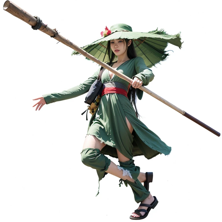 there is a woman in a green dress holding a large stick, guweiz, chinese concept art, artwork in the style of guweiz, artistic render of reimu hakurei, masterpiece , tatter , cheap and torn clothes , rag clothes , old clothes, vintage, a realistic representation of the face, Detailed beautiful delicate face, Detailed beautiful delicate eyes ,