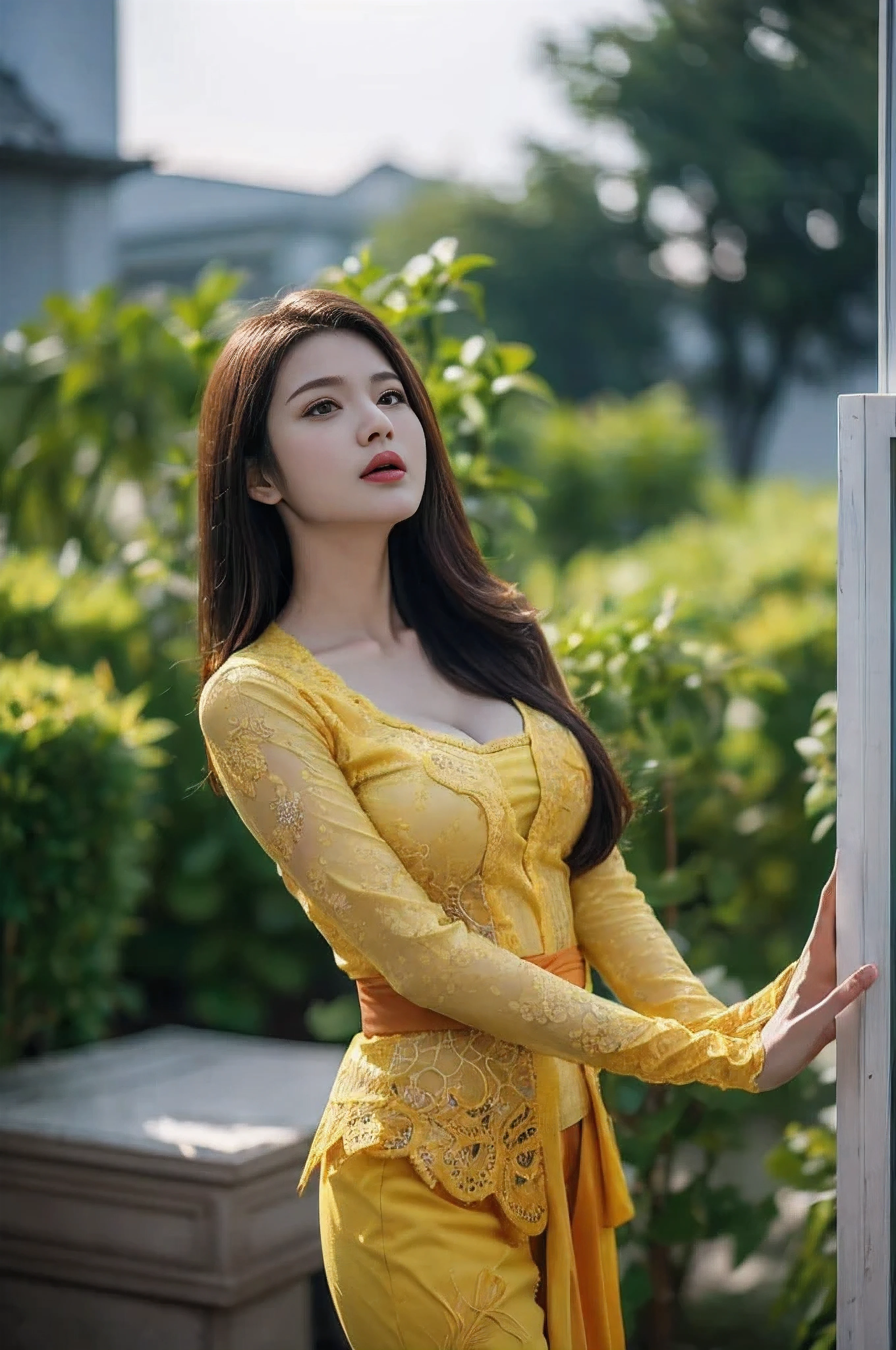 8k, best quality, Medium close-up, (yellow kebaya )、(luxury kebaya ),(top-quality,​masterpiece:1.3,超A high resolution,),(ultra-detailliert,Caustics),(Photorealsitic:1.4,RAW shooting,)Ultra-realistic capture,A highly detailed,high-definition16Kfor human skin, fringe hair, Cute and lovely Korean girl, realistic, ultra detail, photo realistic, Increase quality, 
 standing in a garden with a scarf, garden, (large breast), (cleavage ), close-up shot,  mouth,dark-haired, long hair, (depth of fields、chromatic abberation、Wide range of lighting、Natural Shading、)、(Exterior light at night:1.4)、(Hair swaying in the wind:1.2).