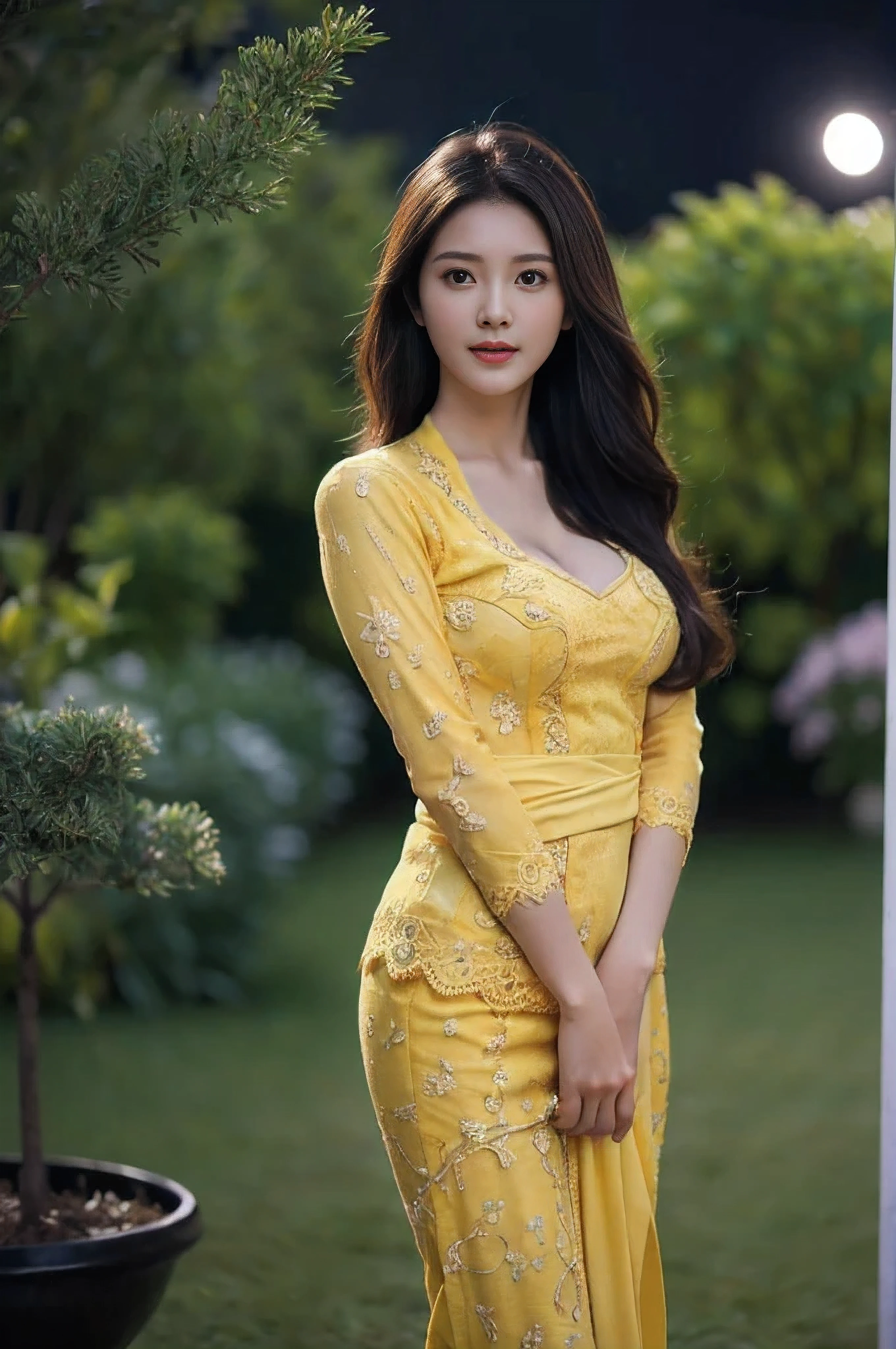 8k, best quality, Medium close-up, (yellow kebaya )、(luxury kebaya ),(top-quality,masterpiece:1.3,超A high resolution,),(ultra-detailliert,Caustics),(Photorealsitic:1.4,RAW shooting,)Ultra-realistic capture,A highly detailed,high-definition16Kfor human skin, fringe hair, Cute and lovely Korean girl, realistic, ultra detail, photo realistic, Increase quality,
standing in a garden with a scarf, garden, (large breast), (cleavage ), close-up shot, mouth,dark-haired, long hair, (depth of fields、chromatic abberation、Wide range of lighting、Natural Shading、)、(Exterior light at night:1.4)、(Hair swaying in the wind:1.2).