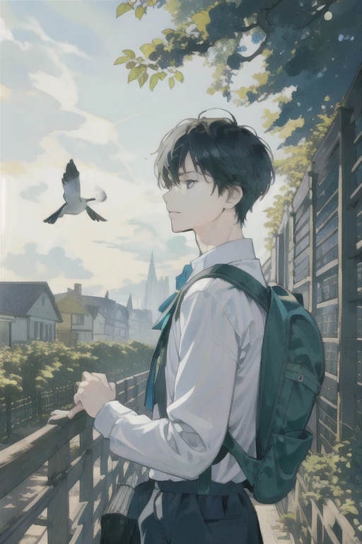 masterpiece, highest quality, 1 boy, male focus, good looking, residential street, fence, spindle wood, afternoon sun, On the way home from school, , Backpack, flock of birds, from the side, Depth of the bounds written