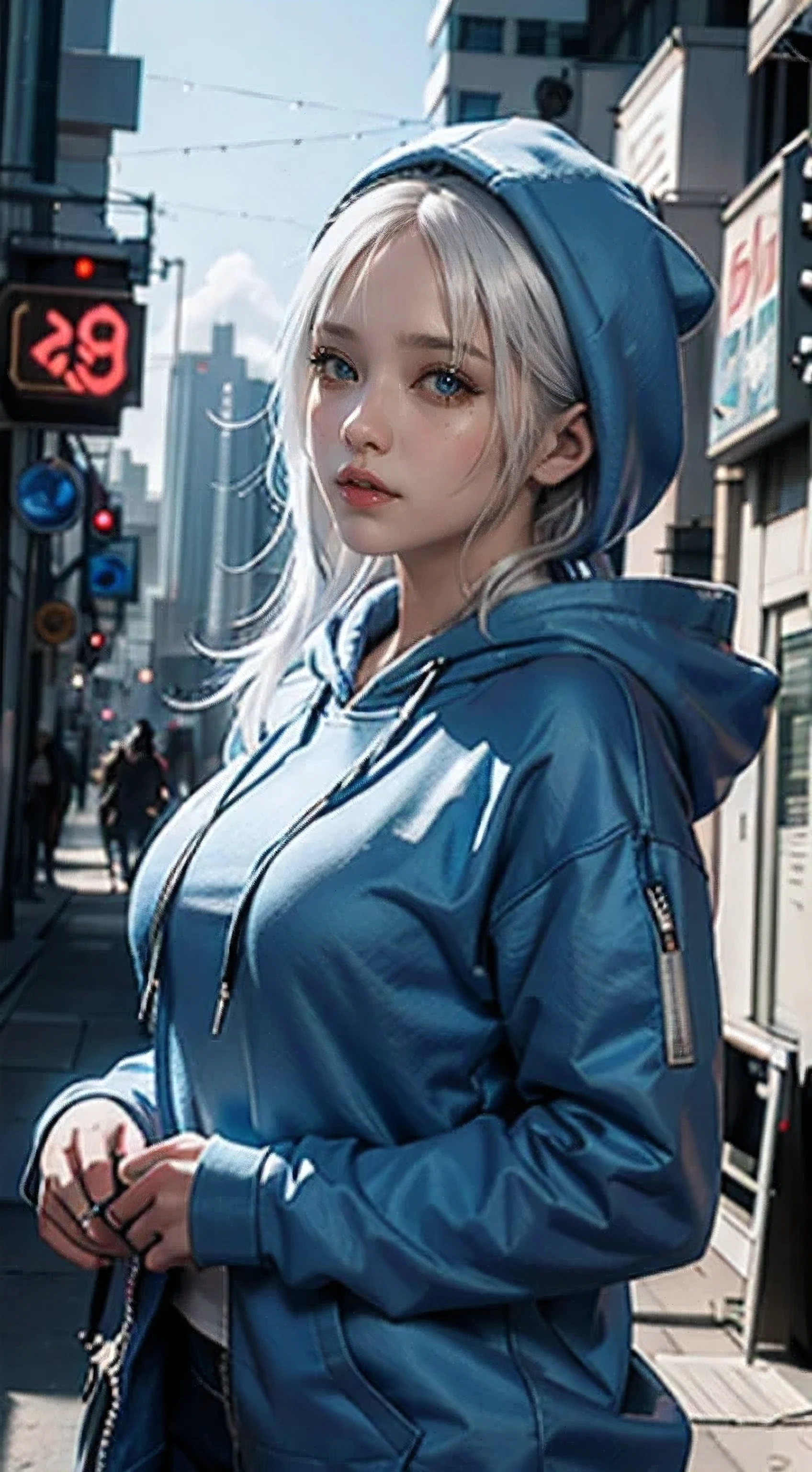 arafed woman in a blue hoodie and blue pants posing for a picture, ross tran 8 k, beautiful digital artwork, perfect white haired girl, girl wearing hoodie, ross tran style, cyberpunk anime girl in hoodie, smooth digital concept art, trending on cgstation, deviantart artstation cgscosiety, artgerm and atey ghailan