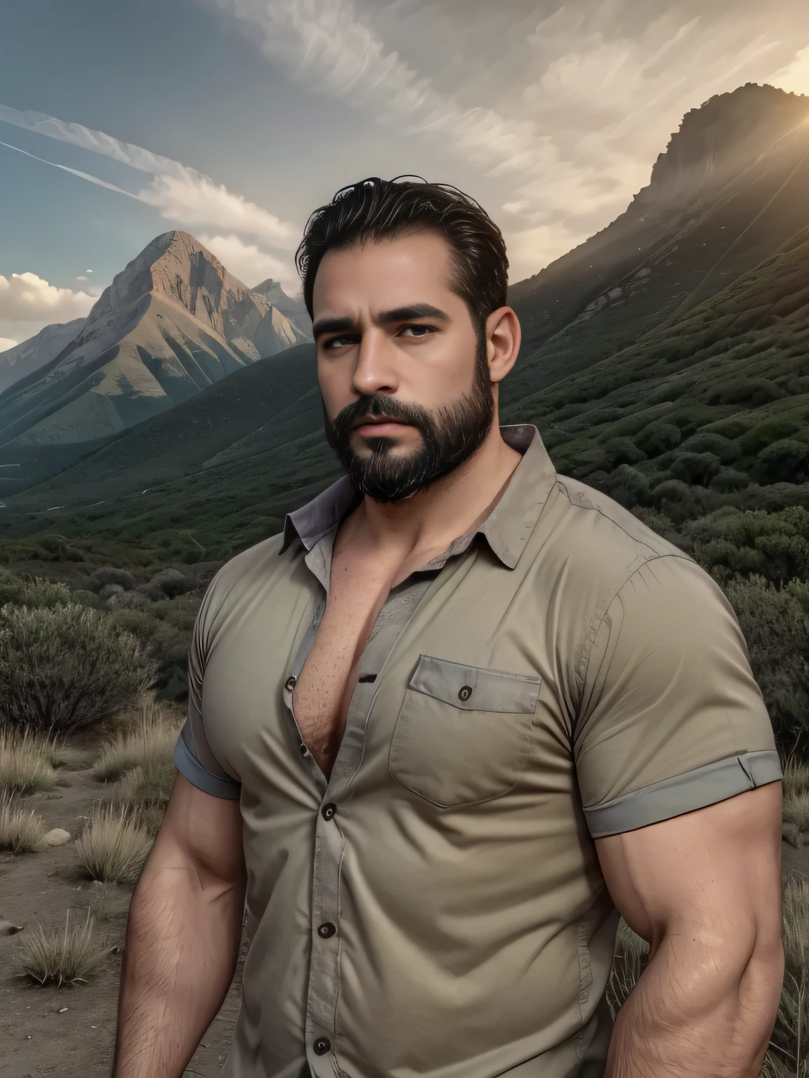 obra maestra, Mejor calidad, high resolution, Retrato de primer plano, (1 chico:1.4) A man in a lumberjack suit, muscular, (con camisa: 1.2) enfoque masculino, enfocarse solo, piel bronceada, 38-year old man, muscular, fuerte, peludo, Masculino, (descamisado: 1.2), In the background a mountain, in a city with a lot of traffic and pollution, amazing composition, Vista frontal, HDR, volumetric lighting, (plano general, desde el frente:1.2) (GS-Macho :1.5) (magnificent landscape:1.2)
