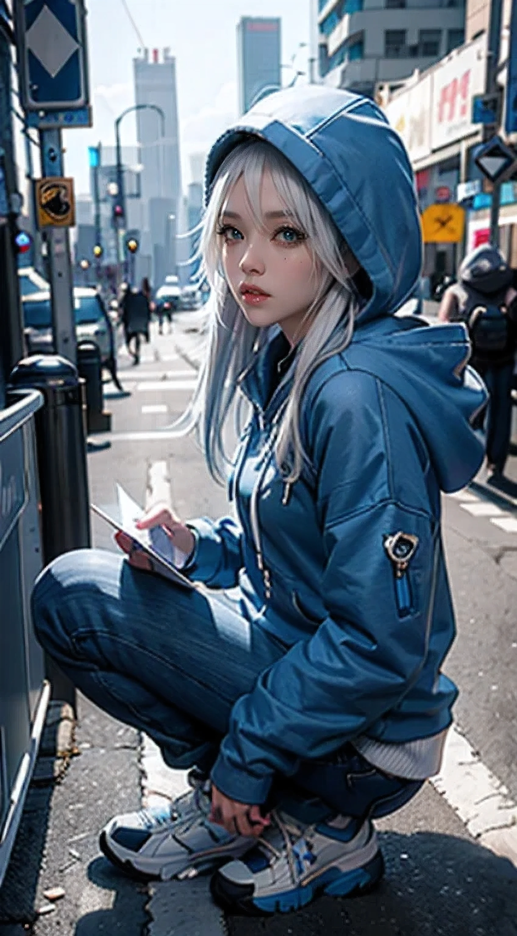 arafed woman in a blue hoodie and blue pants posing for a picture, ross tran 8 k, beautiful digital artwork, perfect white haired girl, girl wearing hoodie, ross tran style, cyberpunk anime girl in hoodie, smooth digital concept art, trending on cgstation, deviantart artstation cgscosiety, artgerm and atey ghailan