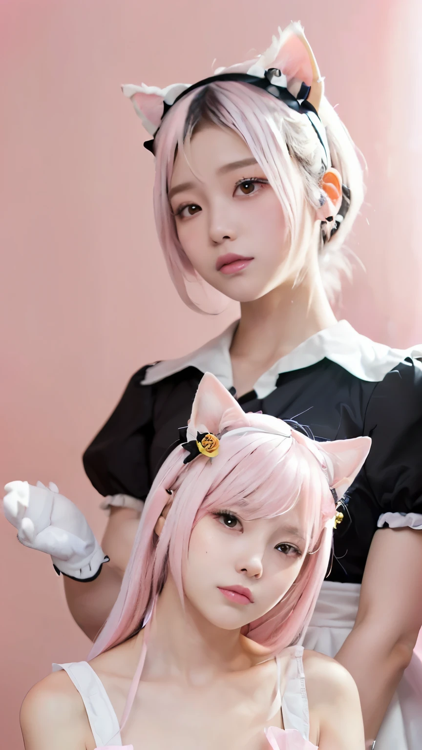 (Emo art:1.6), masterpiece, 4k, Bokeh, high school girls, (Multiple girls:1.6), (Group photo:1.5), beautiful face, (Cat ears:1.3), (pink+white soft hair:1.6) , (Japanese idol:1.6), Blushed face, (Pink maid costume :1.4), looking at the viewer, closeup,
(Pink background :1.4), (Pink rose millor room:1.6)