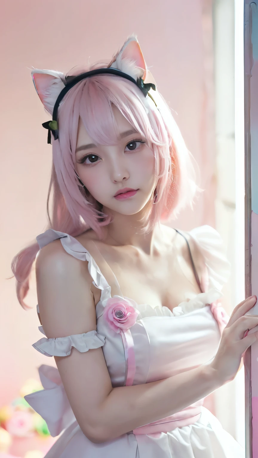 (Emo art:1.6), masterpiece, 4k, Bokeh, high school girls, (Multiple girls:1.6), (Group photo:1.5), beautiful face,  (Cat ears:1.3), (pink+white soft hair:1.6) , (Japanese idol:1.6), Blushed face, (Pink maid costume :1.4), looking at the viewer, closeup, 
 (Pink background :1.4), (Pink rose millor room:1.6)