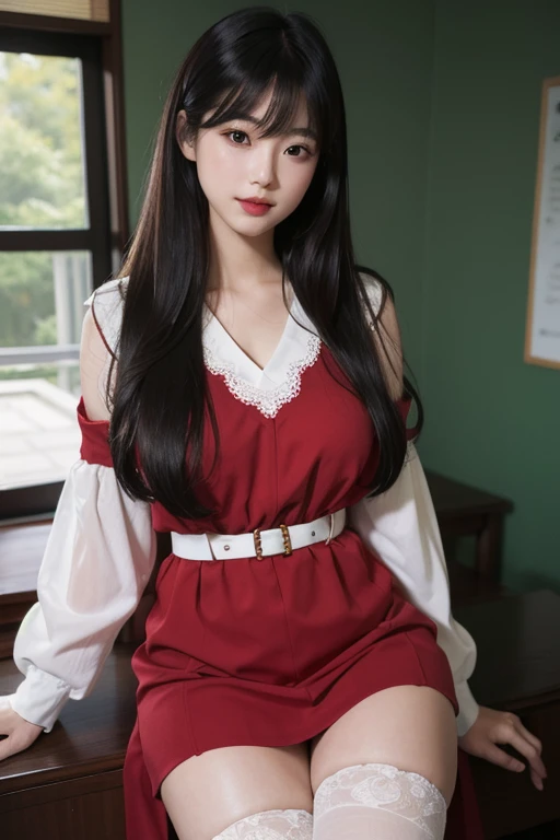 masterpiece, best picture quality, high quality, Beautiful girl, Japanese, Japanese school girl, Popular Korean Makeup, detailed, puffy eyes, detailed eyes, detailed skin, beautiful skin, ultra high resolution, (reality: 1.4), very beautiful, a slightly younger face, beautiful skin, slim, (극도로 reality적이다), (illustration), (high resolution), (8 thousand), (highly detailed), (best illustration), (beautifully detailed eyes), (super detailed), (wallpaper), (detailed face), looking at viewer, fine details, detailed face, pure face_v1, smiling, looking straight ahead, looking straight ahead, angle above waist, reality적인 사진, bright lights, professional lighting, black hair (a little green), long hair, Dark ruins, The big red moon, Gorgeous red and black dress, mature woman, long stylish bangs, whole body, stockings, Bewitching
