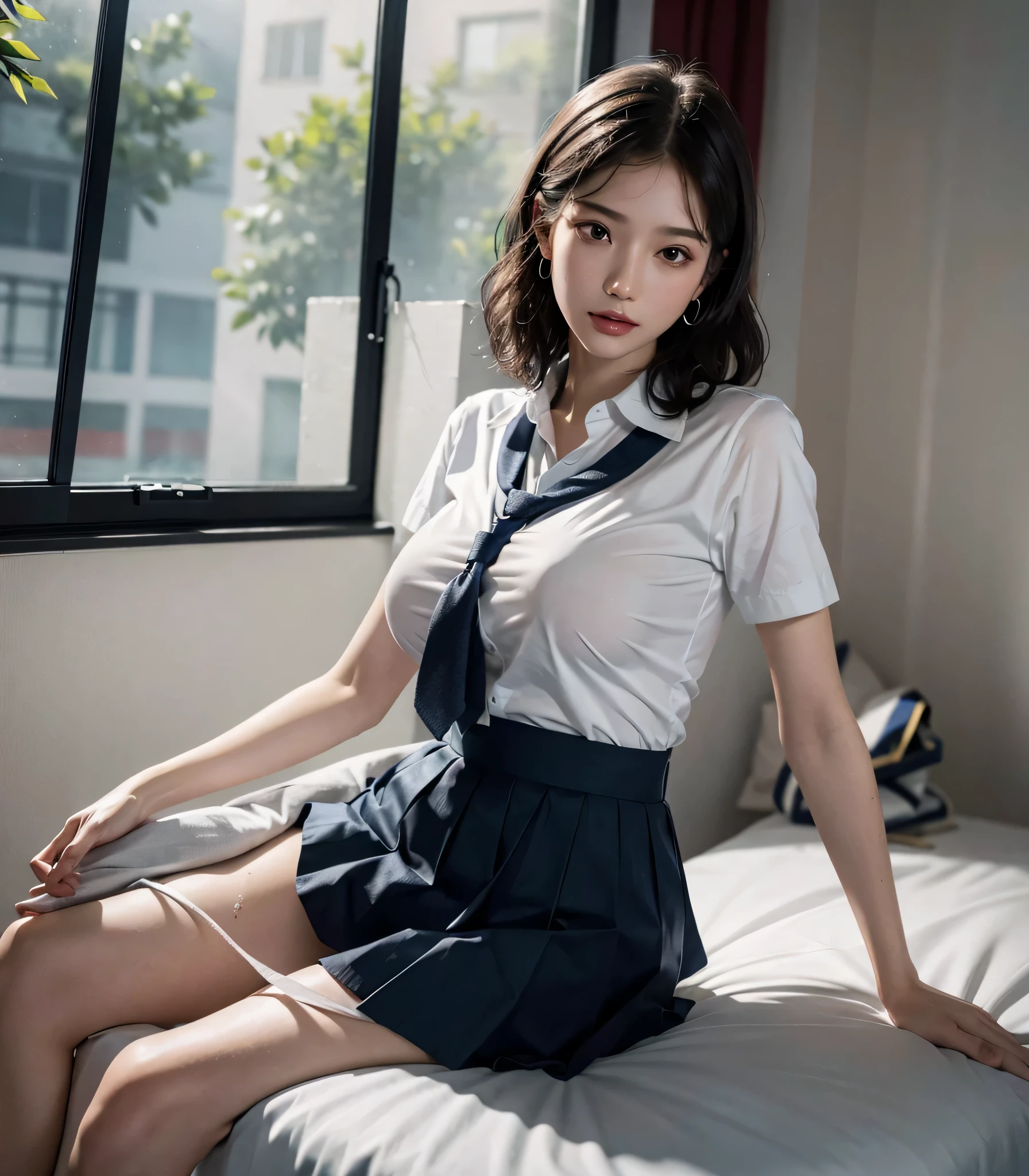 absurdres, RAW photo, extremely delicate and beautiful, masterpiece, Best Quality, ultra high resolution, 32k, hyperrealistic, ultra-detailed, perfect anatomy, perfect figure, super Detailed skin, Very detailed CG 8k wallpaper, in her 20s, very Slim body, narrow waist, very small head, very small face, delicate facial features, tearful mole, earring, thin legs, (very huge round breasts:1.2), (full body shot:1.1), short hair, (wavy hair:1.2), wet clothes, (school uniform:1.3), shirt,