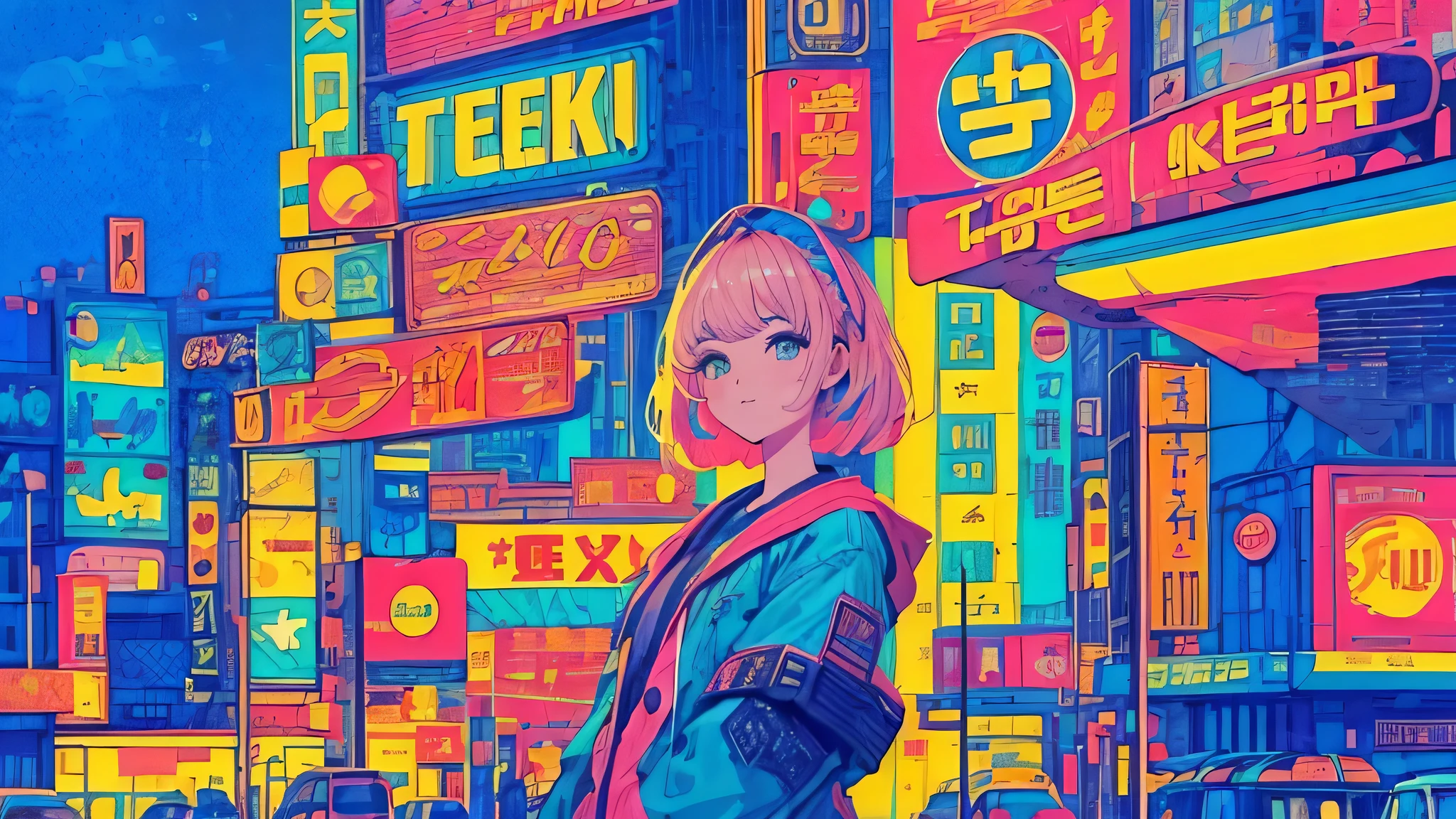 best quality, 4k wallpaper, masterpiece, very detailed CG Unity 8k 벽지, very detailed 눈, very detailed, intricate details, Close up one happy girl in the center, retro art style, neon_pop art style, public, outdoors, road sign, city, people