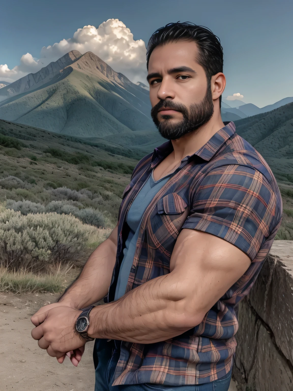 obra maestra, Mejor calidad, high resolution, Retrato de primer plano, (1 chico:1.4) A man in a lumberjack suit, muscular, (con camisa: 1.2) enfoque masculino, enfocarse solo, piel bronceada, 38-year old man,  muscular, fuerte, peludo, Masculino, (descamisado: 1.2), In the background a mountain, in a city with a lot of traffic and pollution, amazing composition, Vista frontal, HDR, volumetric lighting, (plano general, desde el frente:1.2) (GS-Macho :1.5) (magnificent landscape:1.2)