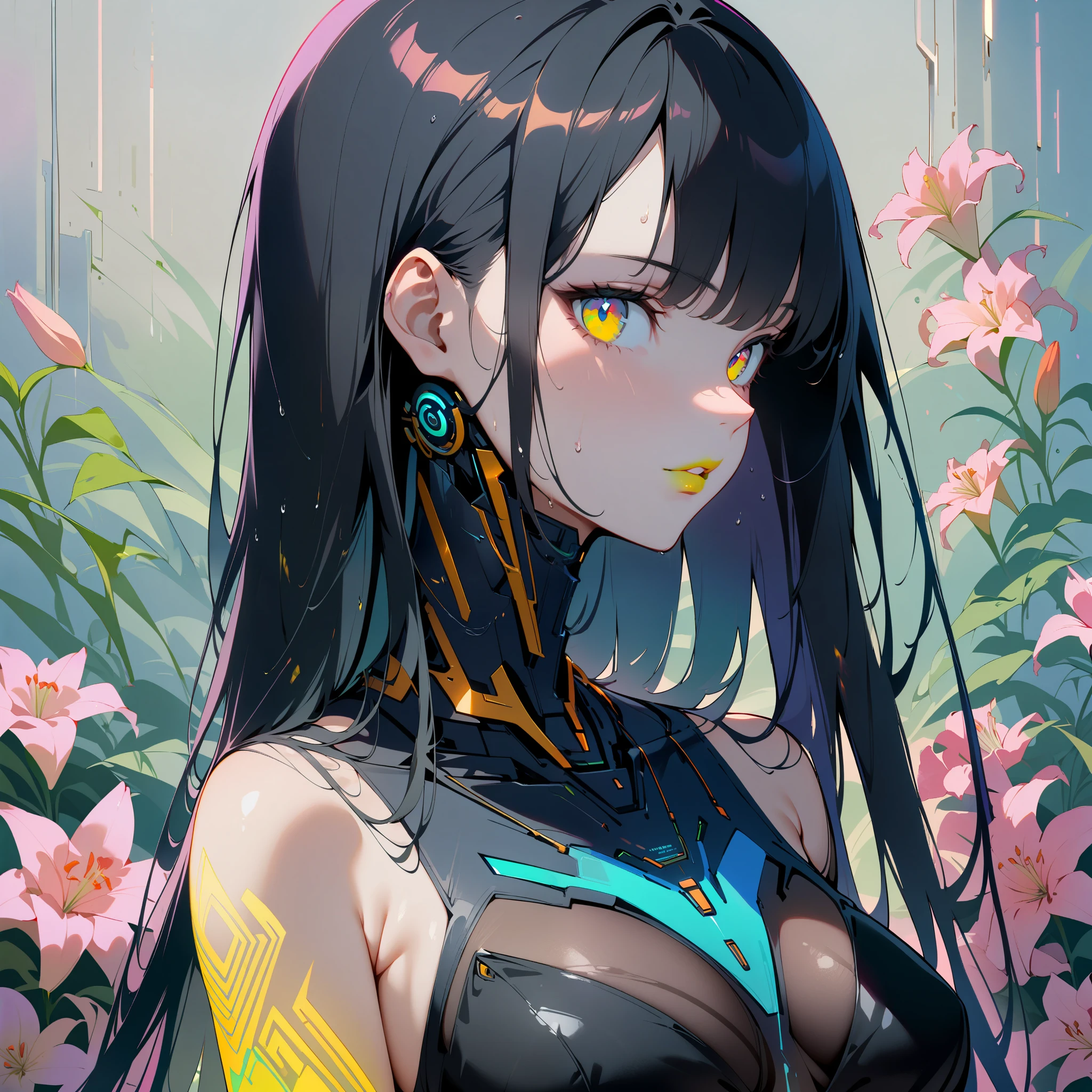 ((2 girls, tattoos, glowing tattoos, shiny eyes, white fluffy), (high detail, special attention to details of the face, hands), (sci-fi), (Sexy topless), (black transparent dress) , (sexy, erotic))_((Soft scarlet lips), (straight black hair - long, highlights, blue, cascading), (multi-colored shining hair), (cold shine, wet straight hair))_ ((Simple color palettes), (pastel colors, kawaii, cute colors, clean), (metaphysics-cyberpunk))_((Sexy, erotic), (simple, minimal accessories), (necklaces and thin rings in silver or gold) , (simple bracelets, distinctive designs, simple silhouettes), (simple and erotic style))_((Background),(abstract-minimalism), (fresh, color wash, broad stroke), (stunning cybernetic flowers),(lilies , extremely unusual, long stems - large stems))