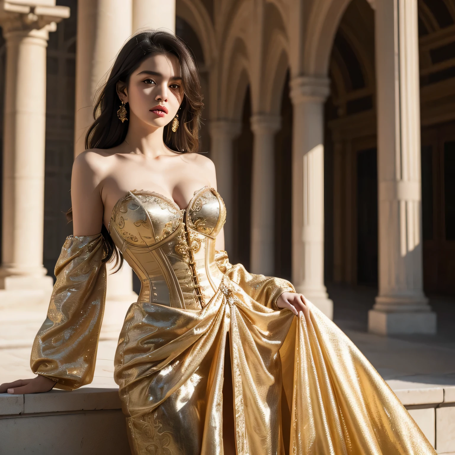 arafed woman with bustier gigantic breast in a corset and dress in front of a building, wearing an ornate outfit, ornate dress, intricate dress, elegant corset, ornate and elegant, extravagant dress, inspired by Hedi Xandt, ornate attire, intricate outfit, ornate royal gown, ornate clothing, ornate gown, intricate and elegant, intricate detailed dress, ornate , royal dress, masterpiece, best quality:1.2),,(8k,highres,RAW photo,realistic,photo-realistic:1.3),(detailed skin texture,detailed cloth texture,beautiful detailed face:1.25),professional lighting,photon mapping,beautiful soft light,radiosity,physically-based rendering,raytracing, model shoot style, model shoot style, (extremely detailed CG unity 8k wallpaper), full shot body photo of the most beautiful artwork in the world, deep shadow, low key