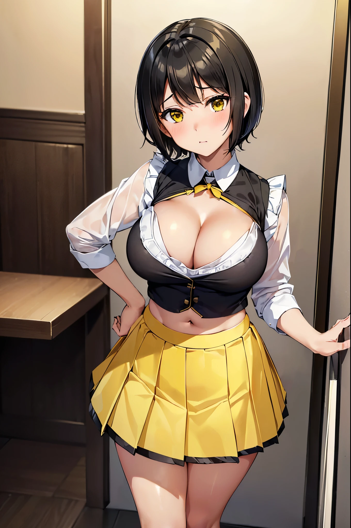 masterpiece, best quality, ultra detailed, ultra high resolution, very detailed face, ((anime)), solo, (((young girl, black short hair, yellow waitress uniform, expose a cleavage of the medium breast and abdomen, white short pleated skirt))), ((embarrassed face)), standing in the bedroom