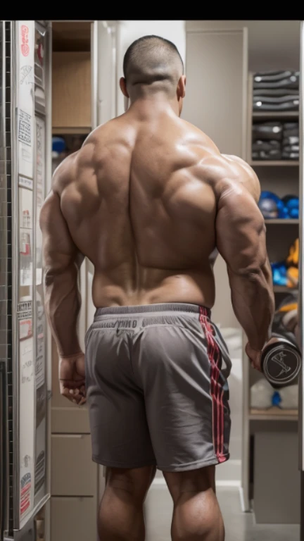 (bodybuilders:1.2), (back view:1.2), (tank top:1.2), (at club locker room:1.2), 40's, Japanese man, Chinese man, Korean man, Taiwanese man, manly face, fat face, (round face:1.4), (monolid eyes:1.2), (buzz cut:1.4), very large and strong body, bulky body, beefy muscles, (bulging muscles:1.4), (very large pectoral muscles:1.4), (muscular arms:1.4), muscular abs, muscular legs, muscular back, brightens oily skin, master piece, (realistic:1.4), panorama, distant view