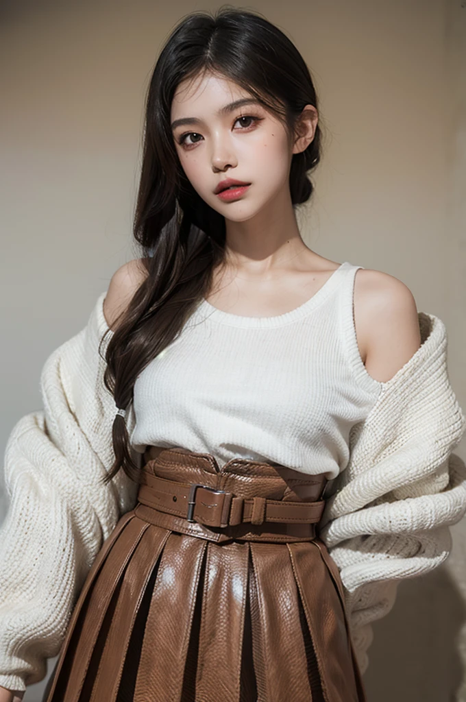 Best quality,masterpiece,ultra high res,(photorealistic:1.4),raw photo,(Authentic skin texture:1.3),(film grain:1.3),panorama,1girl,character portrait,cinematic lighting,drop shadow,very wide shot,(ponytail:0.8),narrow waist,Tyndall effect,hollow eyes,beautiful detailed eyes and face,white short black skirt,head down,brown eyes,waist_up,upper body,