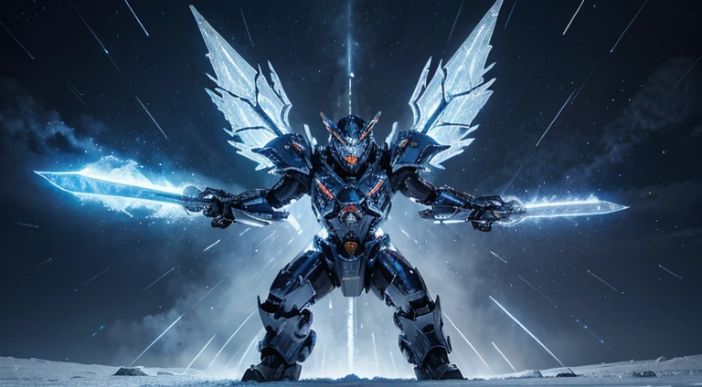 (metal garurumon),illustration,highres,detailed,shiny metallic armor,glowing blue eyes,sharp fangs,fierce expression,icy breath,frosty surroundings,mecha-like design,blue and silver color palette,artificial snowflakes,digital brushwork,sci-fi,cool lighting effects,action pose,strong and powerful,mechanical wings,sharp claws,icy landscape,blizzard storm,heroic and intimidating presence.