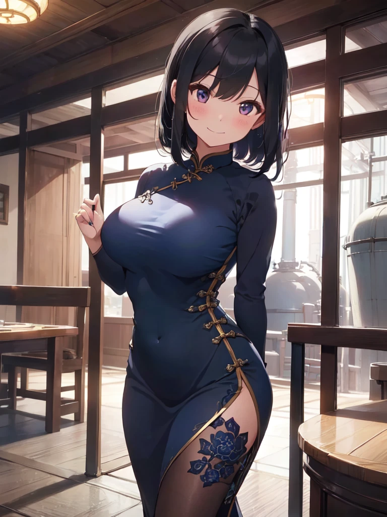 1 lady only, (Go slowly), (Dark blue cheongsam) fashionable, adult, /(black hair/) Bangs, blushing smile, (Masterpiece best quality:1.2) Exquisite illustrations and super detailed, large breasts rest (holding a fan) rest (High-end restaurant corridor) indoors, /(large water tank/), Detailed background