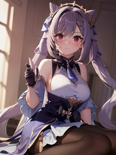 1girl, from above, standing,
keqing (piercing thunderbolt) (genshin impact), keqing (genshin impact),
pantyhose, hair bun, purple hair, gloves, twintails, long hair, purple eyes, diamond-shaped pupils, bare shoulders, hair ornament, black pantyhose, cone hair bun,nsfw
detached sleeves,dress, jewelry, medium breasts, earrings, bangs, frills, purple dress, black gloves, braid, skirt,
 