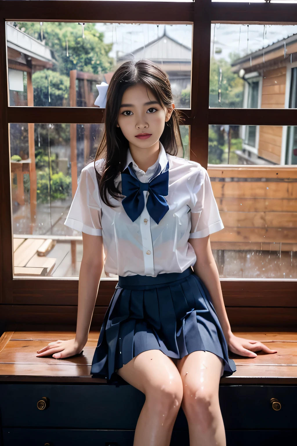 Highly detailed CG Unity 8K wallpaper、highest quality、super detailed、masterpiece、realistic、Photoreal、Highly detailed cute girl、18-year-old、(High school students wearing Japanese uniforms)、((Shooting from the front:1.4))、((Dark blue school girl bow tie:1.4))、((Sitting on a wooden chest:1.4))、blush、split lips、looking at the viewer、semi body shot、(A room in a love hotel)、(Japan High and designated shoes)、(navy blue short pleated skirt,:1.5)、(Short-sleeved white shirt for students)、 (dark blue bow tie:1.2)、(Light brown long hair)、(beautiful face:1.3)、(perfect proportions:1.2)、(long legs:1.2)、(small breasts:1.3)、((Blouse wet in the rain、The brush is see-through))、(Bra is transparent)、(((wet hair、wet skin)))、((Upper body))、reality:1.7、((rain outside the window:1.4))、