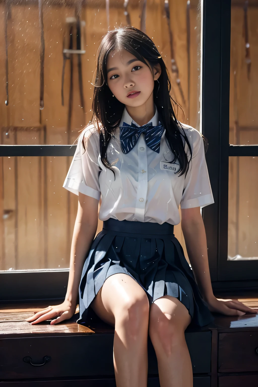 Highly detailed CG Unity 8K wallpaper、highest quality、super detailed、masterpiece、realistic、Photoreal、Highly detailed cute girl、18-year-old、(High school students wearing Japanese uniforms)、((Shooting from the front:1.4))、((Dark blue school girl bow tie:1.4))、((Sitting on a wooden chest:1.4))、blush、split lips、looking at the viewer、semi body shot、(A room in a love hotel)、(Japan High and designated shoes)、(navy blue short pleated skirt,:1.5)、(Short-sleeved white shirt for students)、 (dark blue bow tie:1.2)、(Light brown long hair)、(beautiful face:1.3)、(perfect proportions:1.2)、(long legs:1.2)、(small breasts:1.3)、((Blouse wet in the rain、The brush is see-through))、(Bra is transparent)、(((wet hair、wet skin)))、((Upper body))、reality:1.7、((rain outside the window:1.4))、