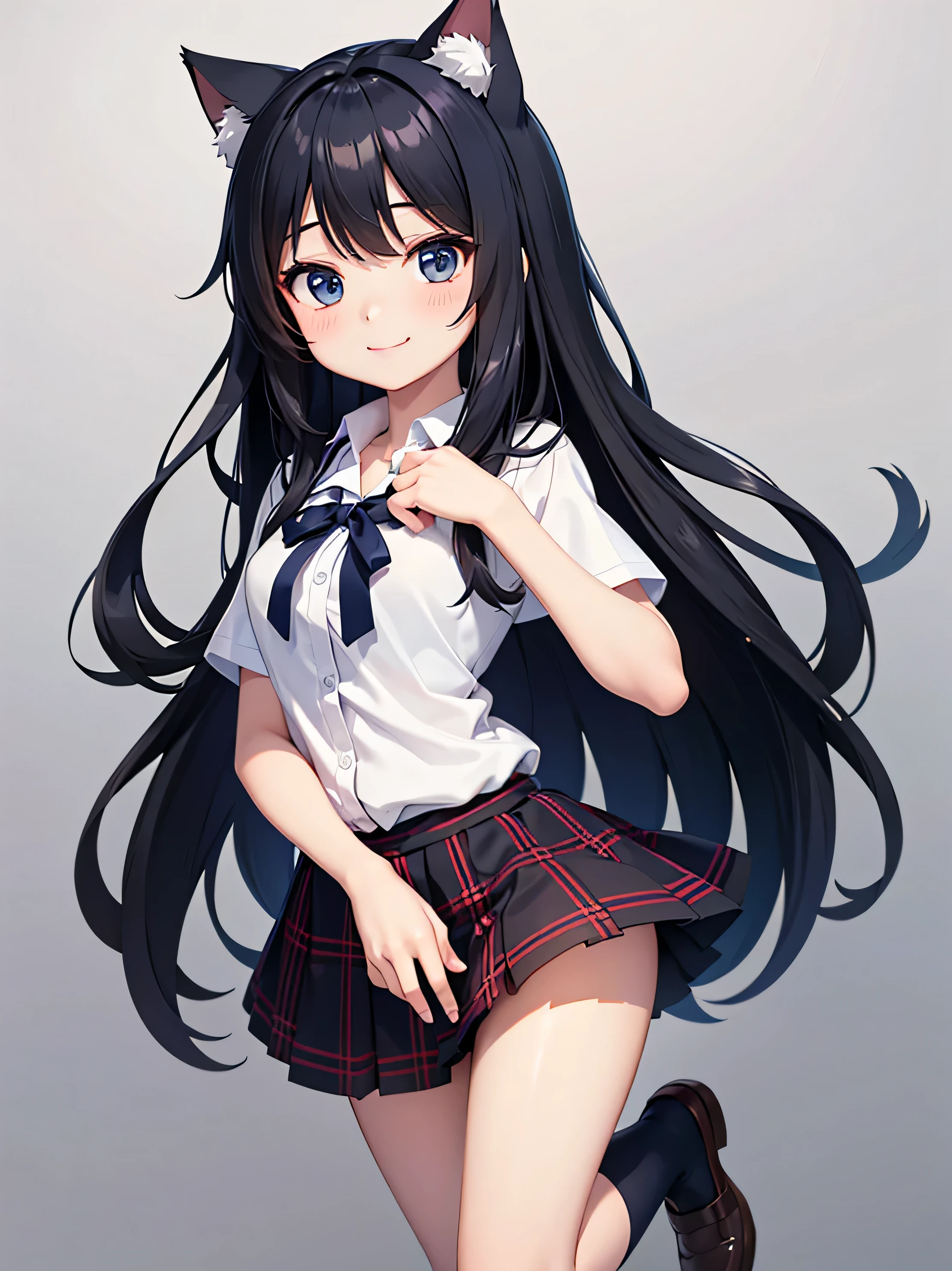 girl,one person, long black hair, Cat ear, Cute anime visuals, , high school girl, ribbon on the chest, tartan check miniskirt, white short sleeve shirt, navy blue socks, smile, blank background, whole body, high quality,white shirt,smile,white button