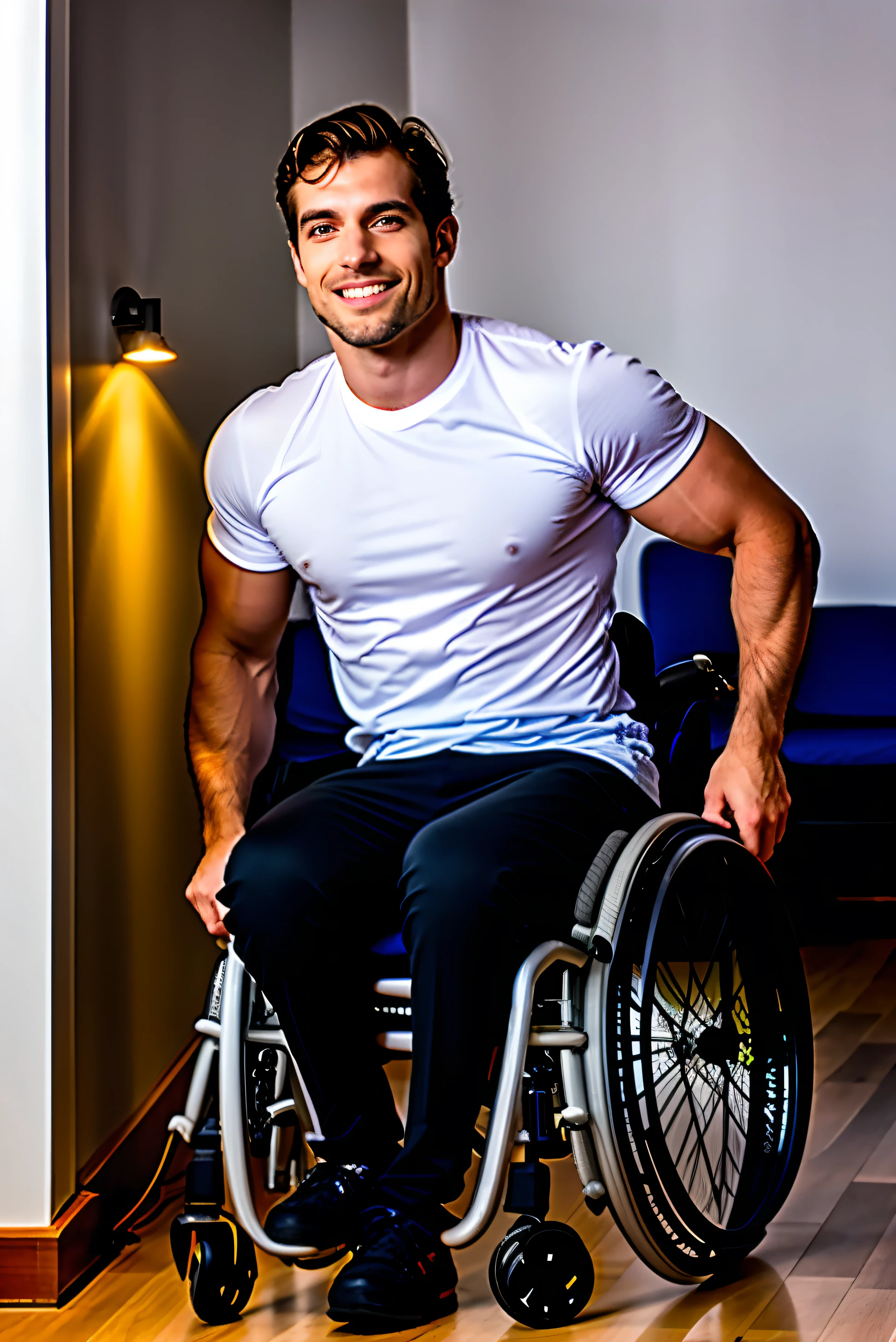 Homme en fauteuil roulant, utilisateur de fauteuil roulant, paraplegic, realistic wheelchair, detailed wheelchair, Real athletic body in wheelchair, detailed muscles, corps poilu, cheveux, cheveux blond, Smiley, yeux bleus, Sachet, la photographie, ultra realistic, Uplighting, high quality, moins de contraste, Ambiance de la chambre à coucher