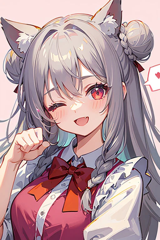 (masterpiece, best quality), chibi, close-up, portrait, 1girl, formidable_yz, head tilt, grey hair, long hair, double bun, twin braids, one eye closed, red eyes, :d, fang, hand up, paw pose, cat maid, pink bowtie, spoken heart, pink background