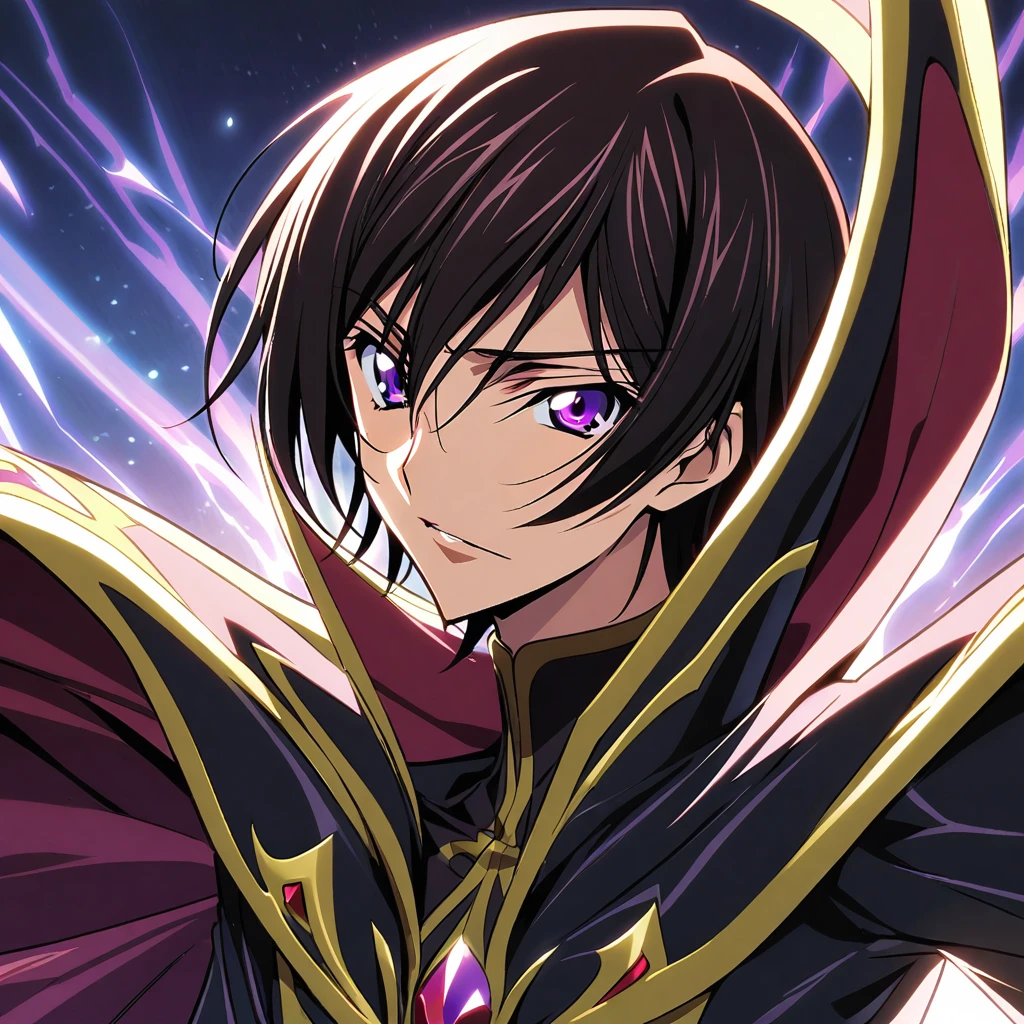 Lelouch Lamperouge with his Geass on his eyes commands the viewer
