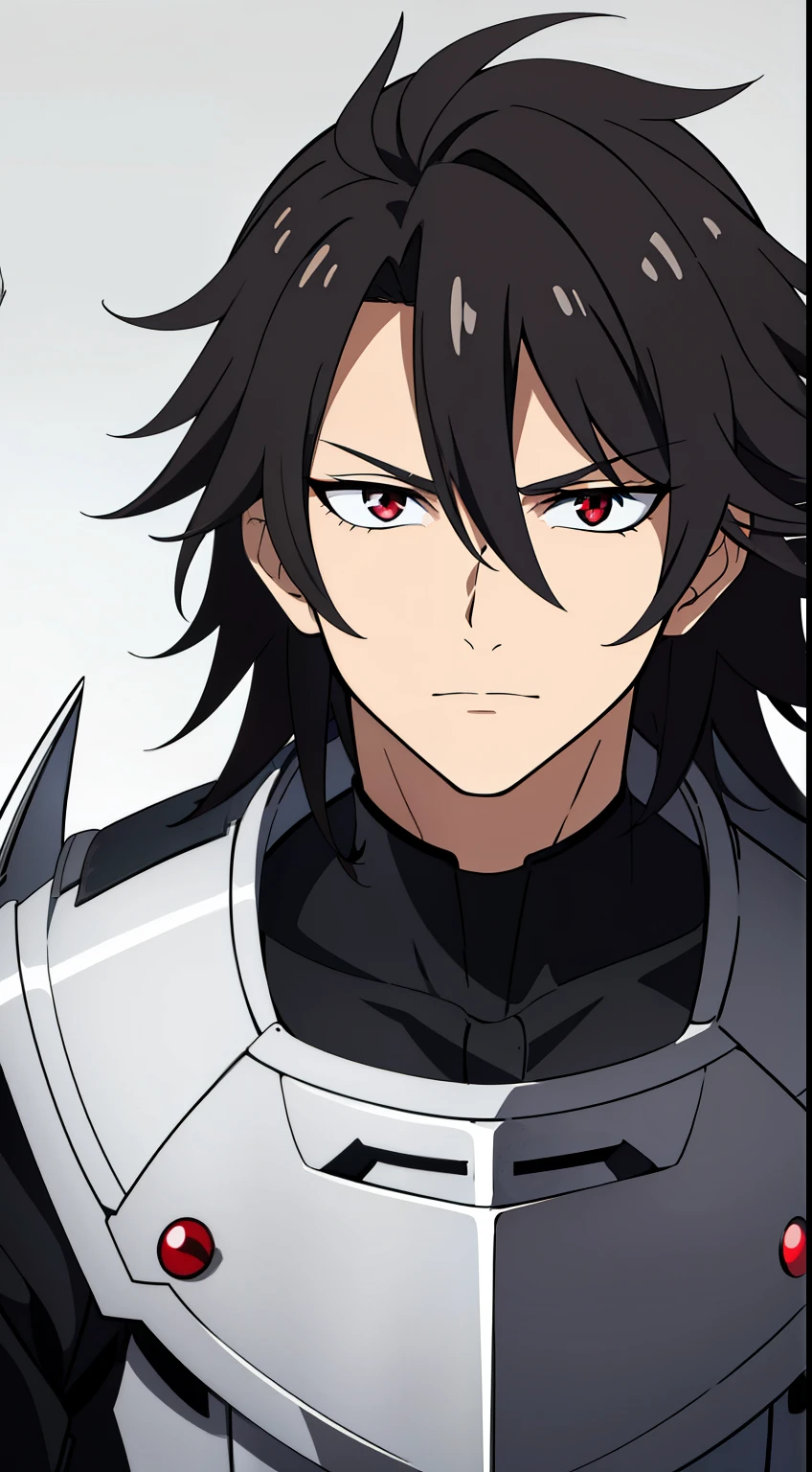 (high-quality, breathtaking),(expressive eyes, perfect face) 1boy, male, solo, age 20, young adult age, masculine face, black color hair, red eye color, spiky fluffy hair, medium hair length, messy loose hair, narrow eyes, Symmetrical Eyes, portrait, soft smile, grey background, fantasy armor, mature, knight armor, hair between eyes, Blade Honkai
