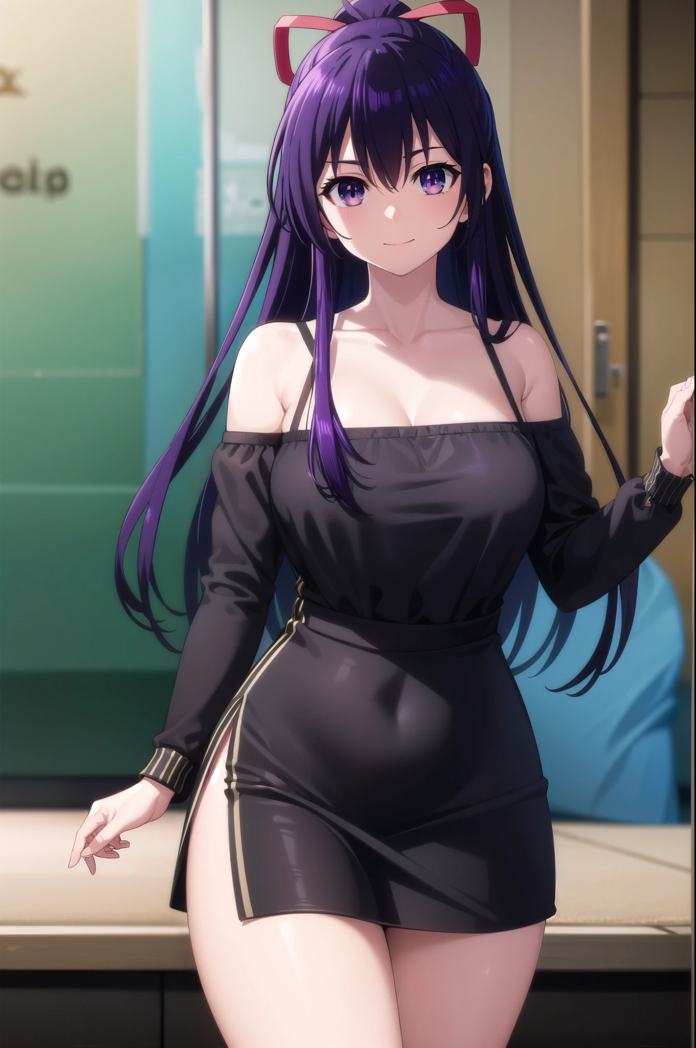 tohkayatogami, tohka yatogami casual, long hair, purple hair, alluringly smile, one piece dress, black dress, plain black, tight dress, cold shoulder, off shoulder, see through, long sleeves, extra fabric at wrist, necklace, ribbon , (purple eyes:1.1), hair ribbon, ponytail, purple hair, white ribbon,g cup breasts, plump butt, at home, in living room, seducing pose
BREAK ,
BREAK outdoors, city, people, crowd, sky, clouds, sun, blue sky,
BREAK looking at viewer, (cowboy shot:1.5),
BREAK (masterpiece:1.2), best quality, high resolution, unity 8k wallpaper, (illustration:0.8), (beautiful detailed eyes:1.6), extremely detailed face, perfect lighting, extremely detailed CG, (perfect hands, perfect anatomy),