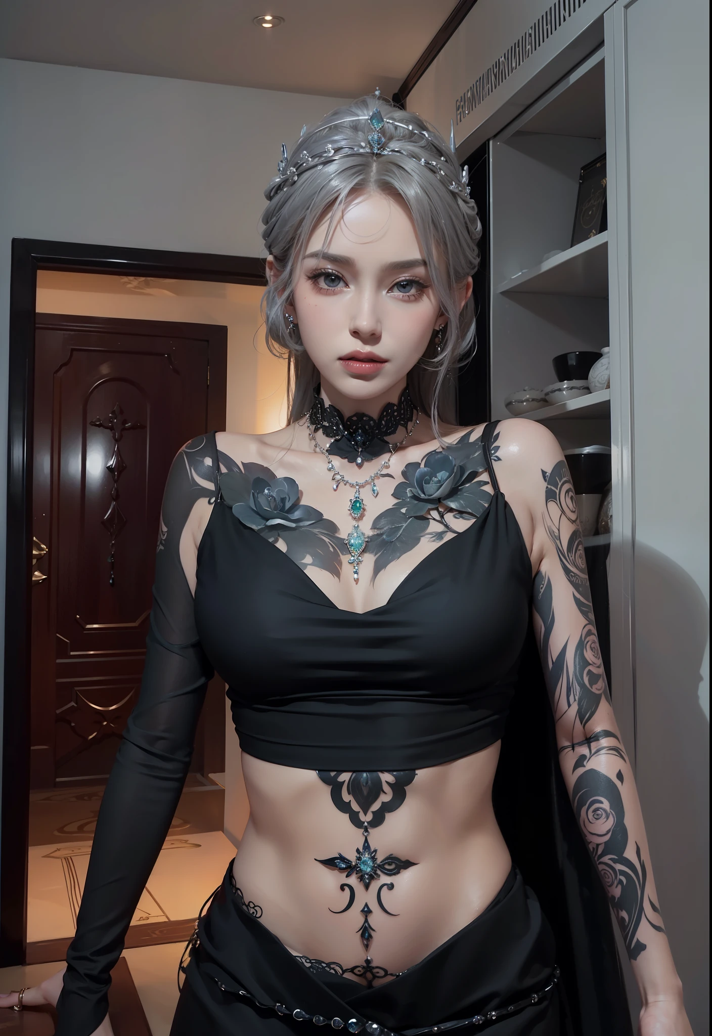 Royal sister,exquisite eyes,ice queen,put the crown on your head,Detailed facial expressions body,tall figure,Gorgeous,Leg length,4K,HD,Sensual,半透明lace,白皙plump figure,pretty face,Little cherry mouth,beautiful and delicious(3D royal sister),plump figure,gloss gel coat,Queen in luxurious dress,Crystal Gem Crown,Necklace jewelry,black tattoo(whole body),The tattoo is very three-dimensional,Gorgeous and intricate tattoo designs,tattoo queen,Tattoos on arms and chest,lace,8k超HD