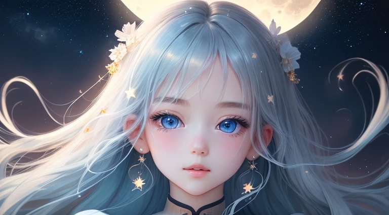 {{highest quality}}, {{masterpiece}}, {{Super detailed}}, {figure}, {detailed light}, {very delicate and beautiful}, girl, {detailed and beautiful eyes}, stars in the eyes, messy floating hair, colored inner hair, The starry sky decorates my hair, Depth of the bounds written、Draw a full moon in the background