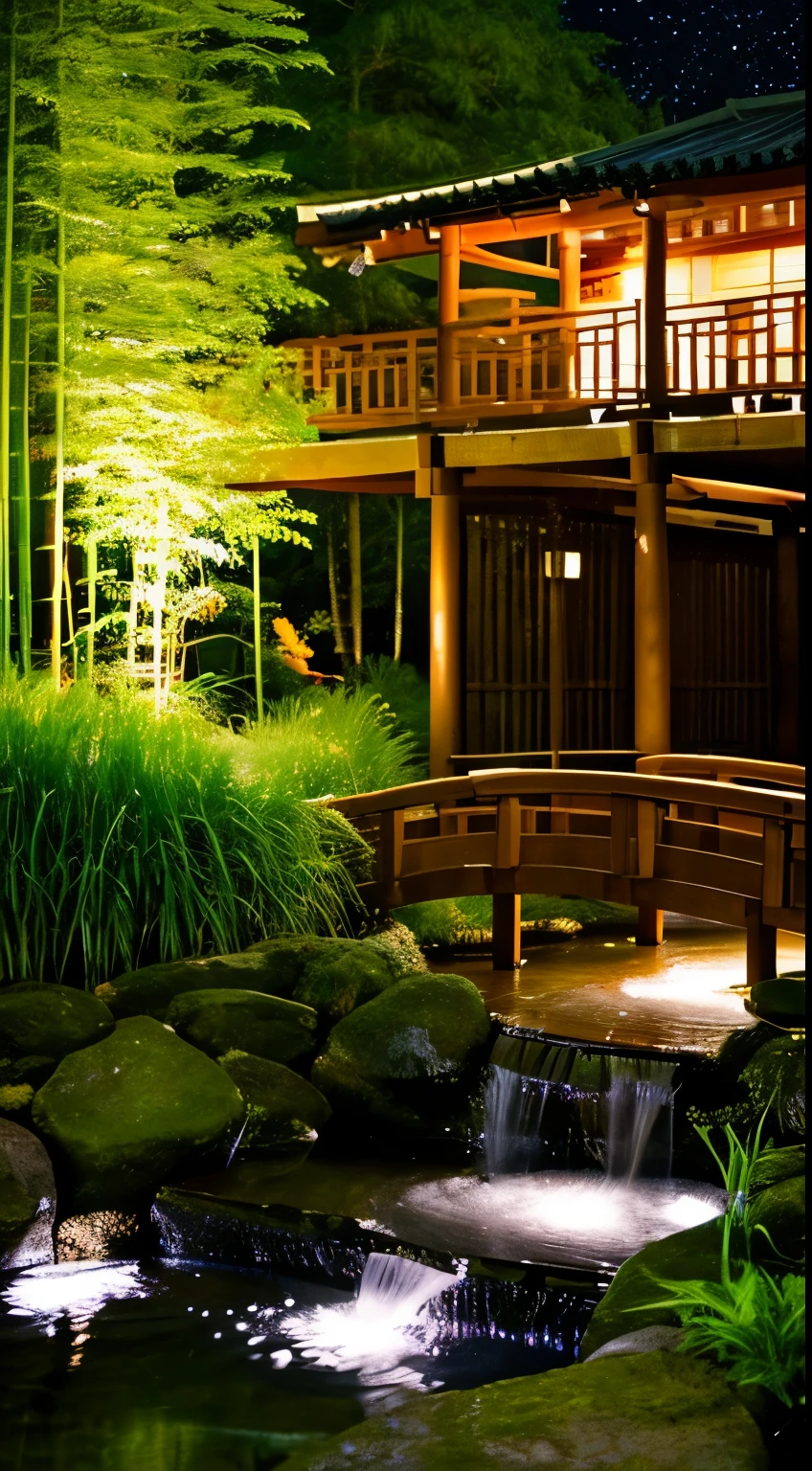 Japanese garden, small bridge and flowing water, night starry sky, Summer night sky, fire Fly, bamboo forest, extreme details, realistic light, magnificent composition, (intricate details), (intricate design, Super detailed: 1.2), art station, (masterpiece, highest quality), ultra hd, 32k --v6
