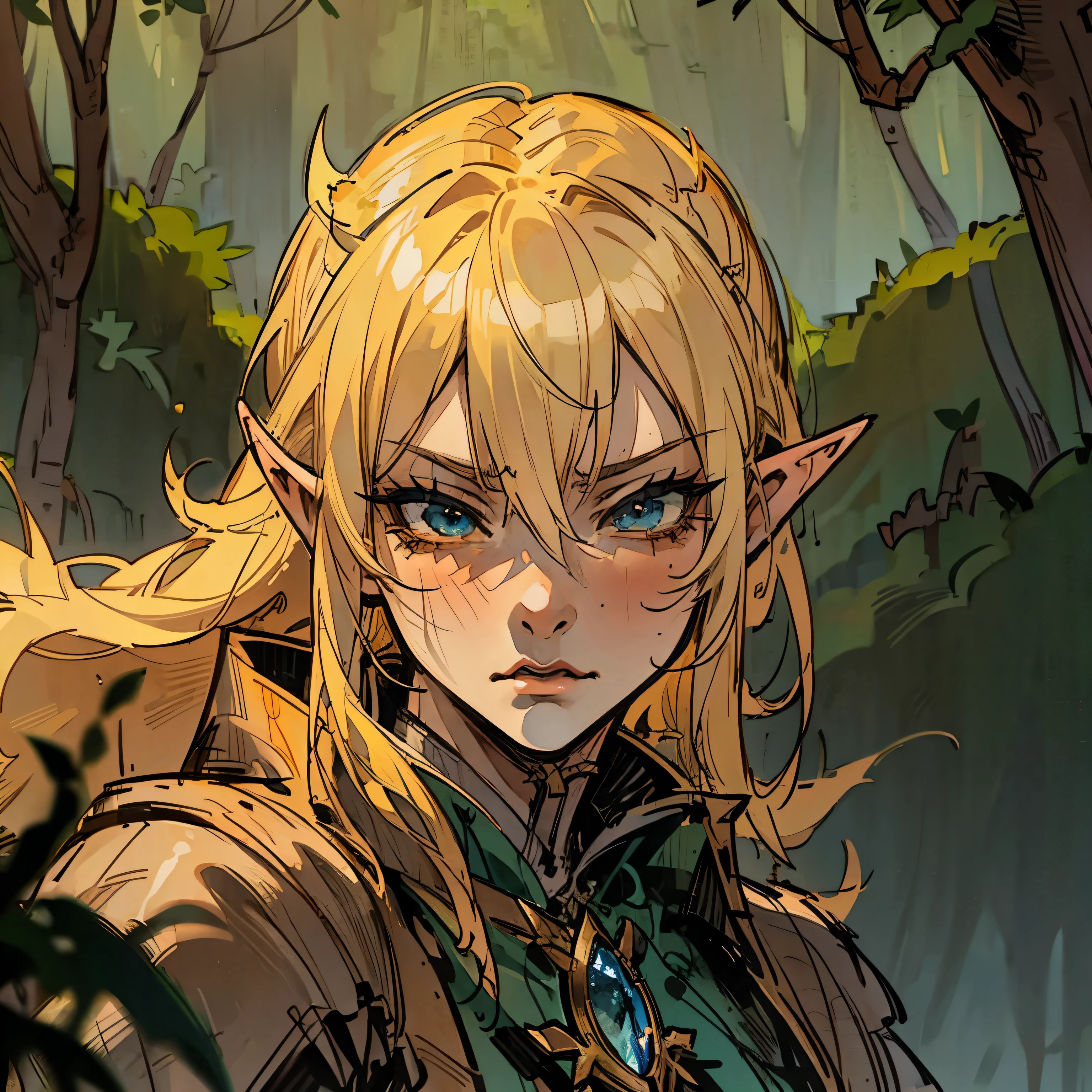 Blond haired tsundere elf, Hunter, confident, assertive, genre: dark fantasy, adventurer, Pov: Chasing you[Close up, detailed, detailed face, detailed body] (Background: Forest)