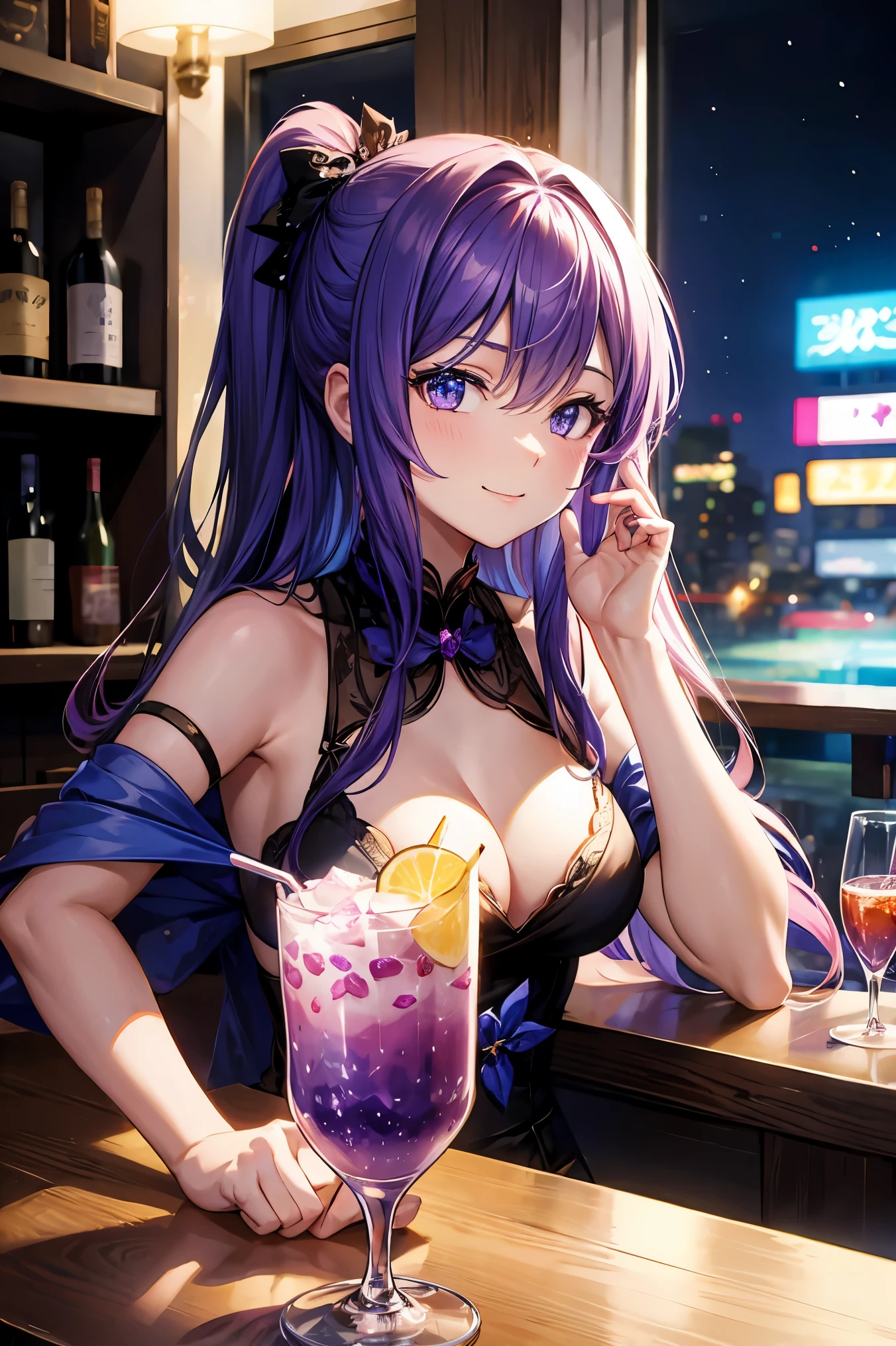 Close-up of Violet Fizz cocktail art displayed on a bar counter glowing at night, High quality waifu movie anime with avant-garde fashion style, A Japanese idol girl with droopy eyes holding a cocktail glass and smiling slightly. shaker on the counter. Purple Refraction