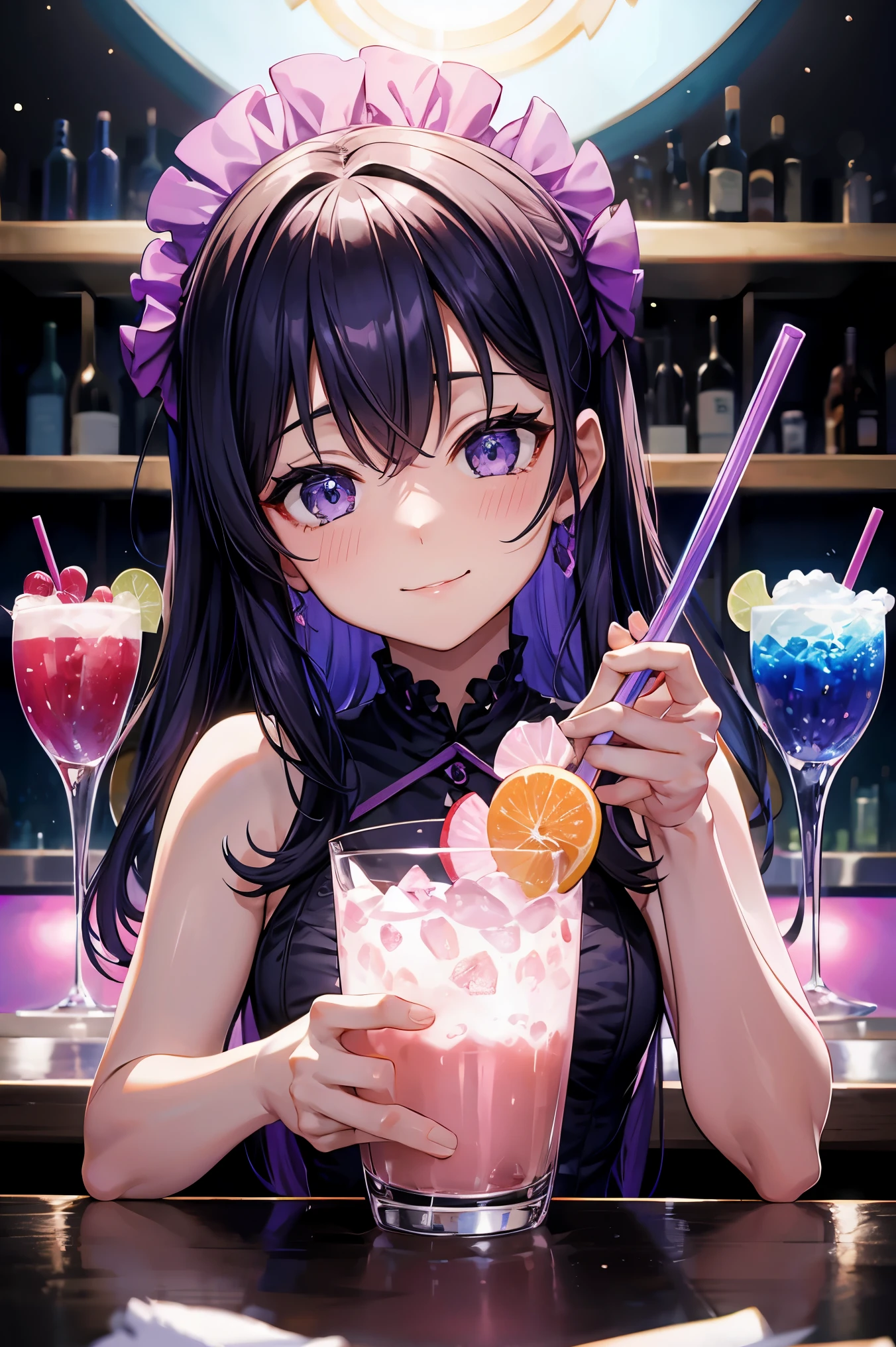 Close-up of Violet Fizz cocktail art displayed on a bar counter glowing at night, High quality waifu movie anime with avant-garde fashion style, A Japanese idol girl with droopy eyes holding a cocktail glass and smiling slightly. shaker on the counter. Purple Refraction