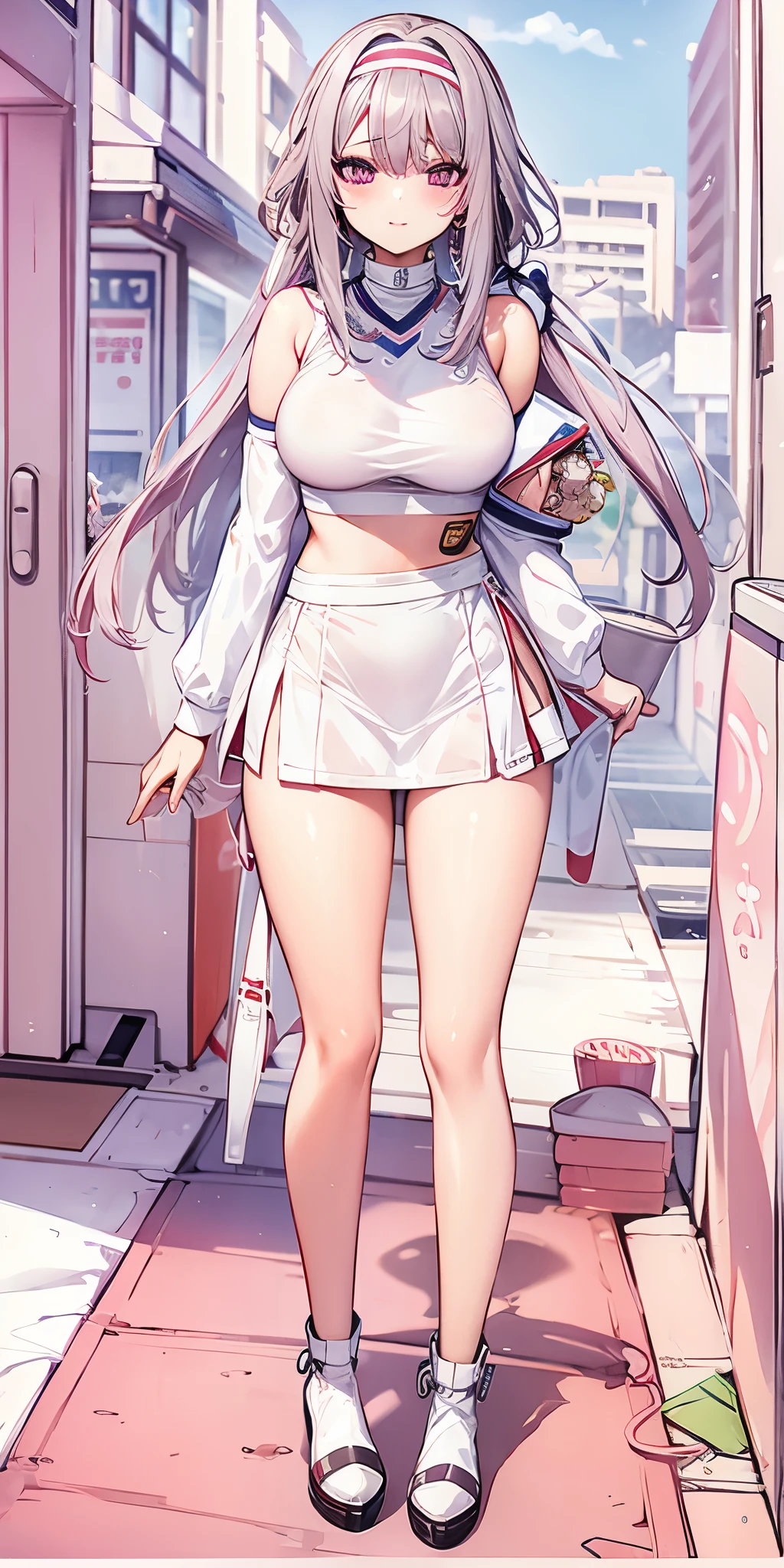 1 girl, alone, breast, looking at the audience, short hair, skirt, large breast, Keep, permanent, purple eyes, gray hair, Headband, boots, miniskirt, armpit, official alternate costume, crop top, perspective, Lower chest, white footwear, permanent on one leg, Cheerleading长, Pom Pom \(Cheerleading\), Keep Pom Poms, stadium, Steamed bun \(Azure Lane\)