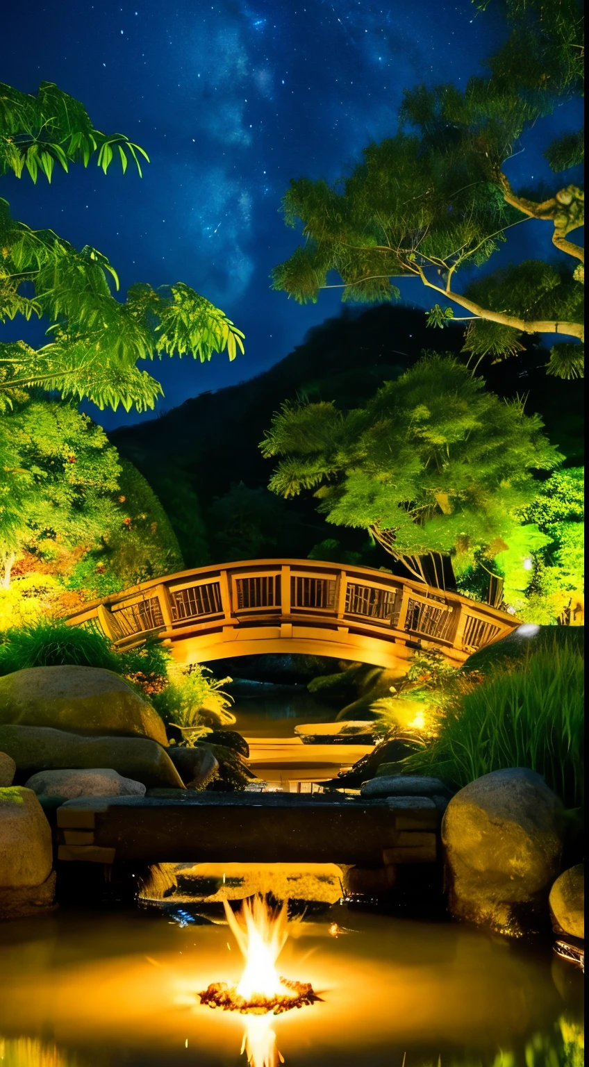 Japanese garden, small bridge and flowing water, night starry sky, Summer night sky, fire Fly, bamboo forest, extreme details, realistic light, magnificent composition, (intricate details), (intricate design, Super detailed: 1.2), art station, (masterpiece, highest quality), ultra hd, 32k --v6