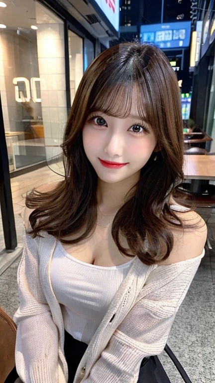table top, highest quality, shape, Super detailed, finely, High resolution, 8k wallpaper, 完璧なダイナミックな構shape, beautiful and detailed eyes,medium hair,small breasts natural color lip, bold sexy pose,smile,big city、20 year old girl、cute、sexy shot looking at camera,Casual office fashion(Winter clothes),