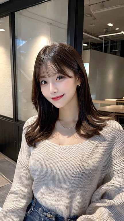 table top, highest quality, shape, Super detailed, finely, High resolution, 8k wallpaper, 完璧なダイナミックな構shape, beautiful and detailed eyes,medium hair,small breasts natural color lip, bold sexy pose,smile,big city、20 year old girl、cute、sexy shot looking at camera,Casual office fashion(Winter clothes),