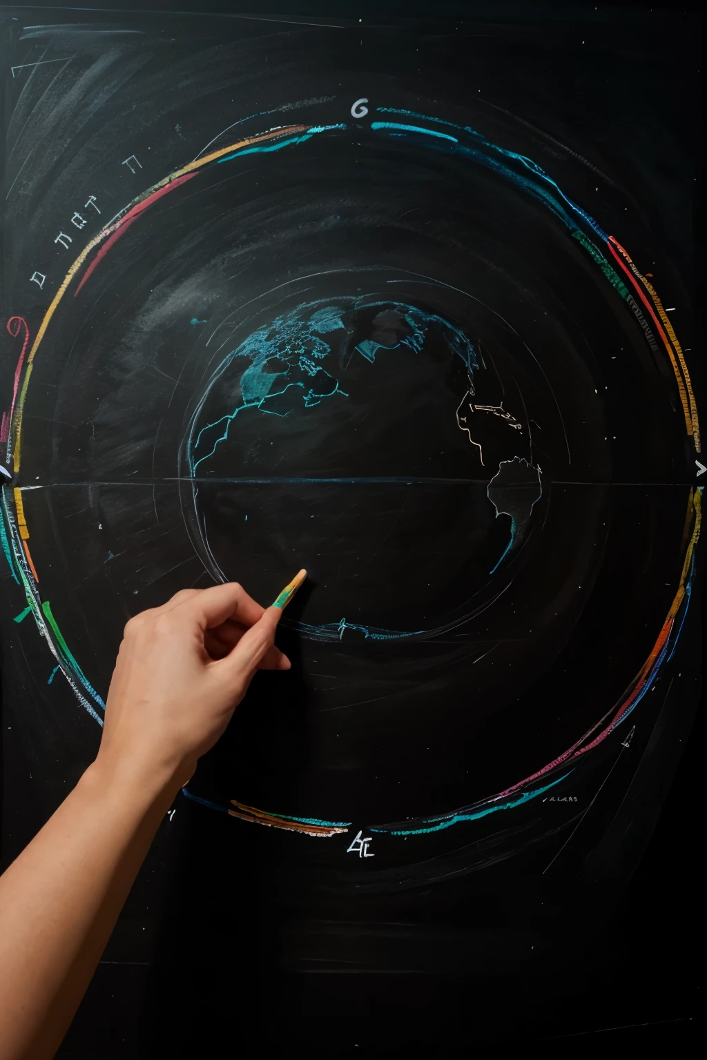 Blackboard, painting, chalk, with one hand drawing the Earth on a black background using colored chalk. The Earth is composed of colored lines