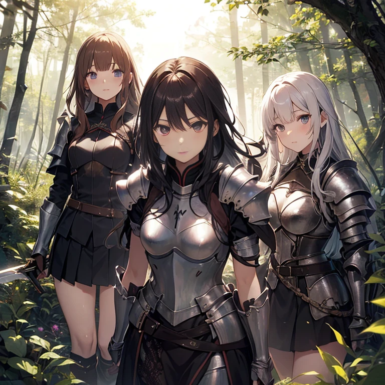 A group of young female knight, (in forest), various hair styles, harem, wearing armored clothes, metal armor, night, details face, , short skirt, seducing, sword,