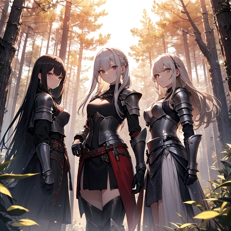 A group of young female knight, (in forest), various hair styles, harem, wearing armored clothes, metal armor, night, details face, , short skirt, seducing, sword,
