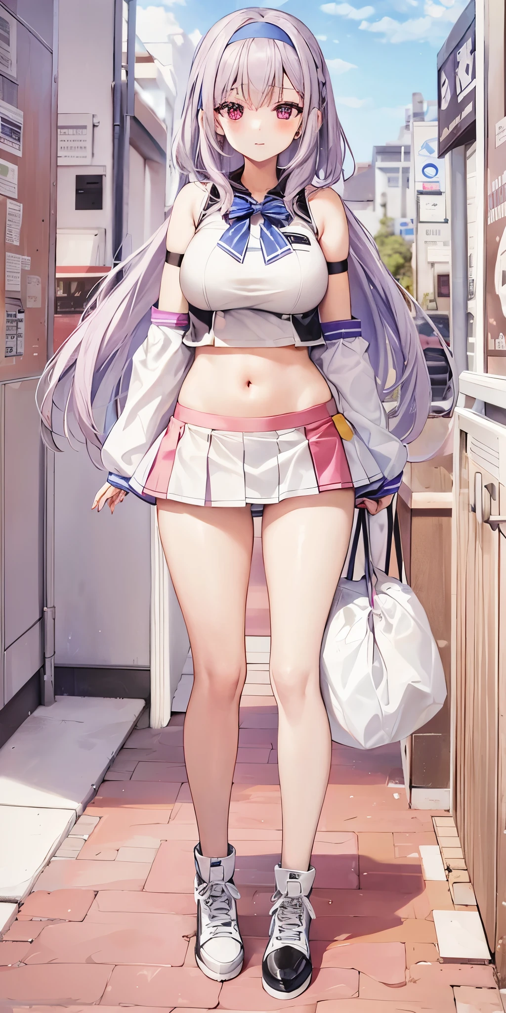 1 girl, alone, breast, looking at the audience, short hair, skirt, large breast, Keep, permanent, purple eyes, gray hair, Headband, boots, miniskirt, armpit, official alternate costume, crop top, perspective, Lower chest, white footwear, permanent on one leg, Cheerleading长, Pom Pom \(Cheerleading\), Keep Pom Poms, stadium, Steamed bun \(Azure Lane\)