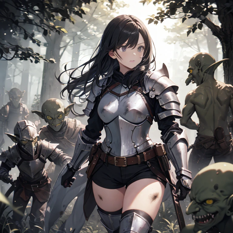 A female knight, (in forest), wearing armored clothes, metal armor, night, details face, , shorts, surrounded by goblins, various weapons, dirty