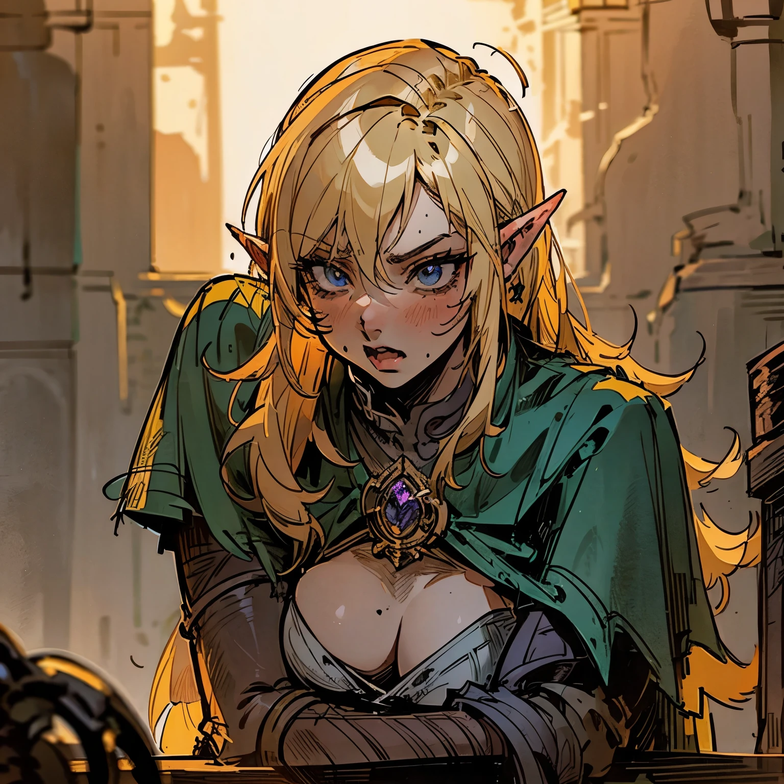 POV: drinking together in tavern, Blond haired tsundere elf, Hunter, confident, assertive, genre: dark fantasy, adventurer, Pov: Chasing you[Close up, detailed, detailed face, detailed body] (Background: inside a dark Tavern, dark lighting)