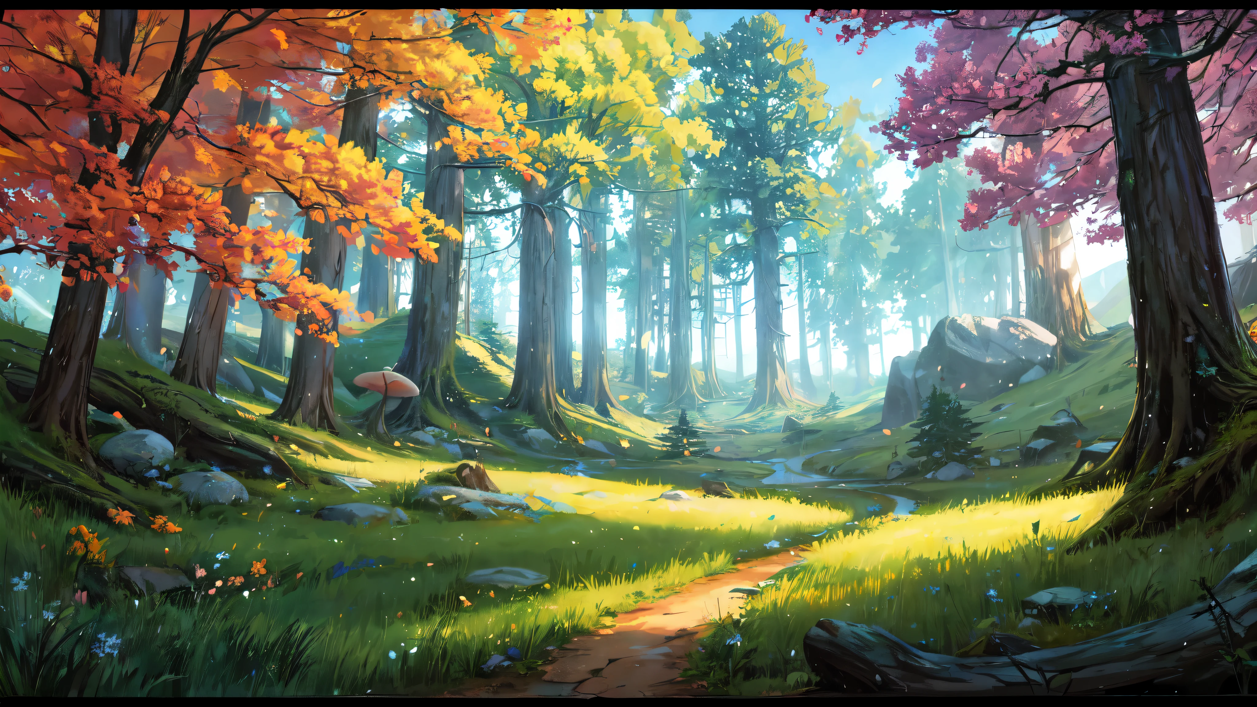 Cartoon beautiful fantasy fairy forest with trails and trees on a sunny day, forest plants, beautiful fairy mushrooms, wild beautiful flowers, detailed, arte de fundo, detailed background artwork masterpiece, Mobile game background, game background, 2 D game art background, forest background, scenery art detailed, landscape artwork, Mobile game art, 2d game background, Anime background art, forest clearing landscape, anime countryside landscape, sky forest background, forest outside, elf forest background, forest setting, Detailed game art, 4k